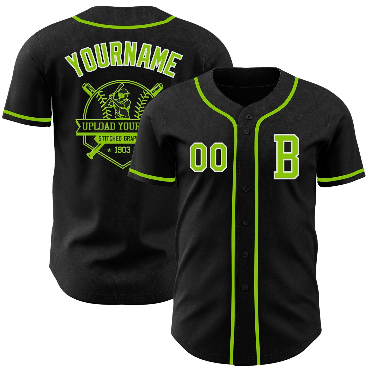 Custom Black Neon Green-White Authentic Baseball Jersey view 5