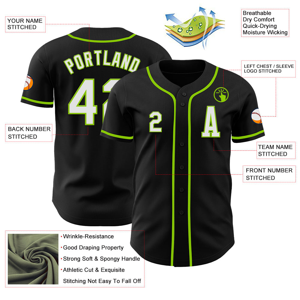 Custom Black White-Neon Green Authentic Baseball Jersey view 2