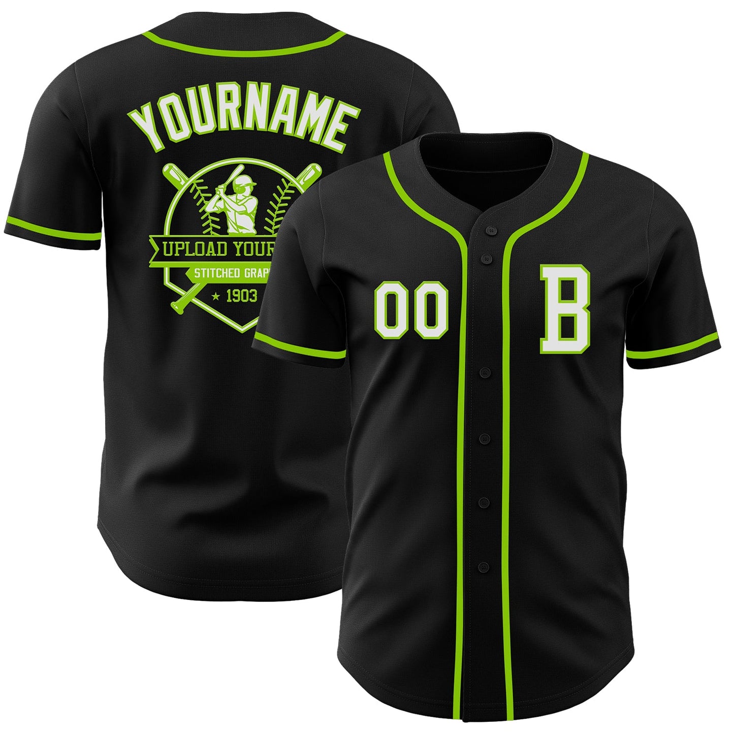 Custom Black White-Neon Green Authentic Baseball Jersey view 5