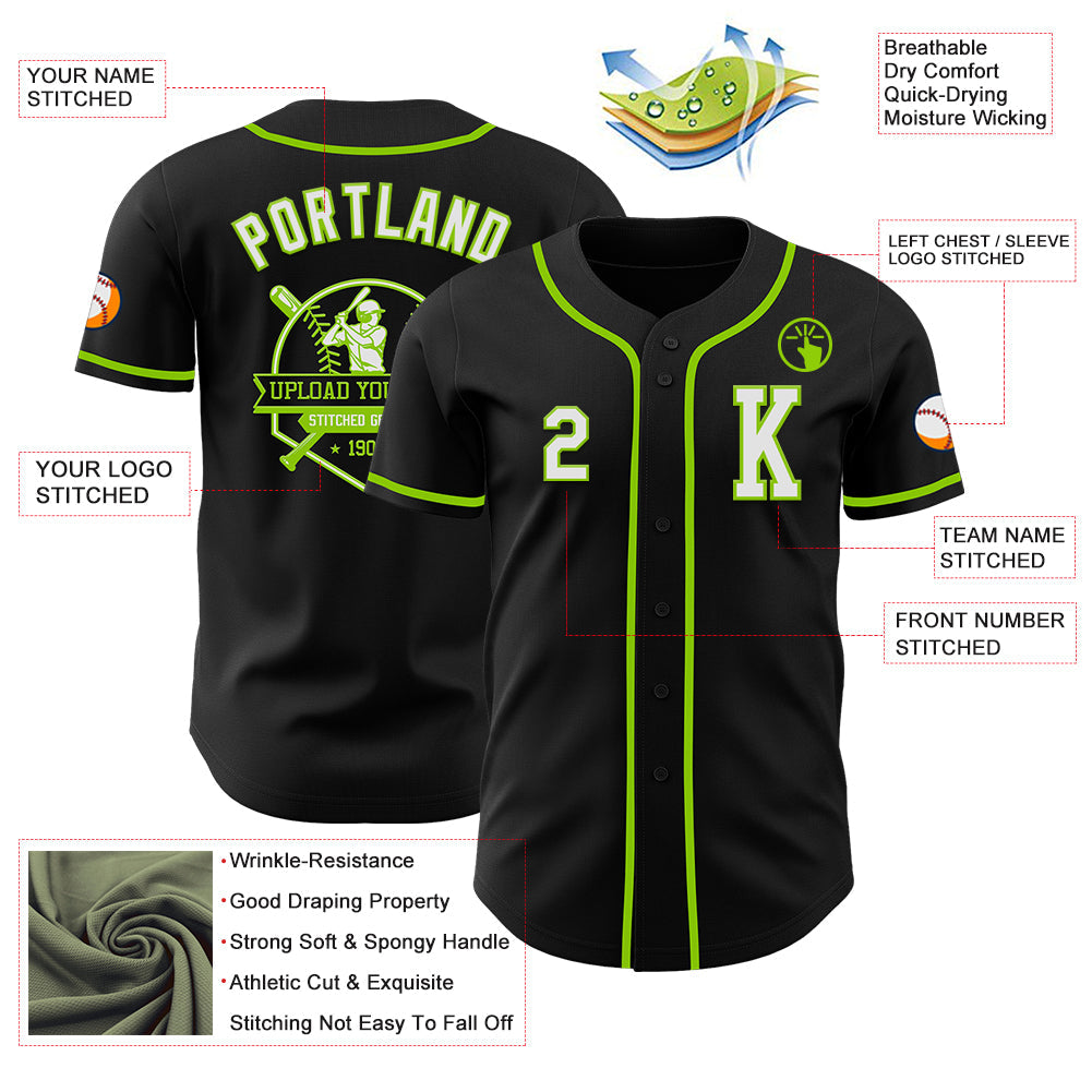 Custom Black White-Neon Green Authentic Baseball Jersey view 6