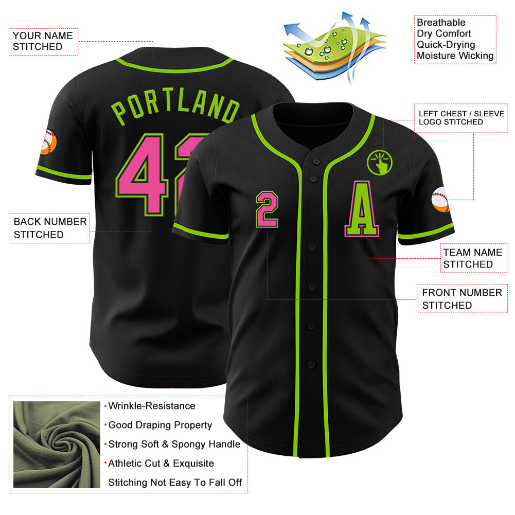 Custom Black Pink-Neon Green Authentic Baseball Jersey view 2