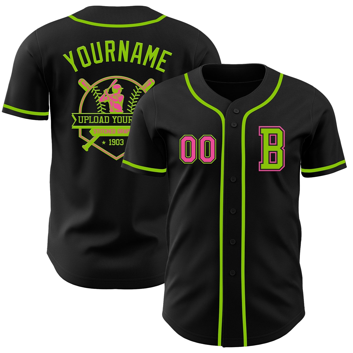 Custom Black Pink-Neon Green Authentic Baseball Jersey view 5