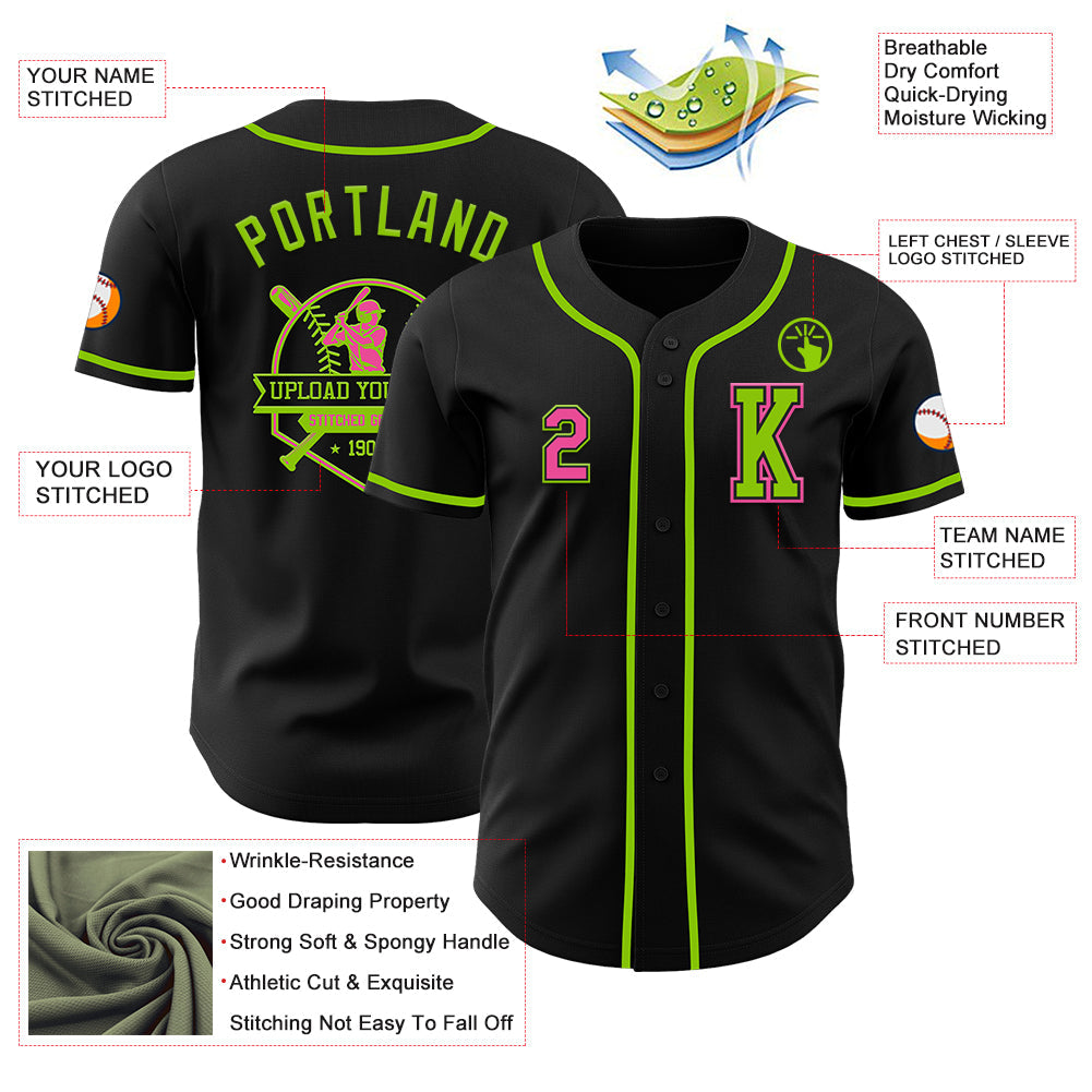 Custom Black Pink-Neon Green Authentic Baseball Jersey view 6
