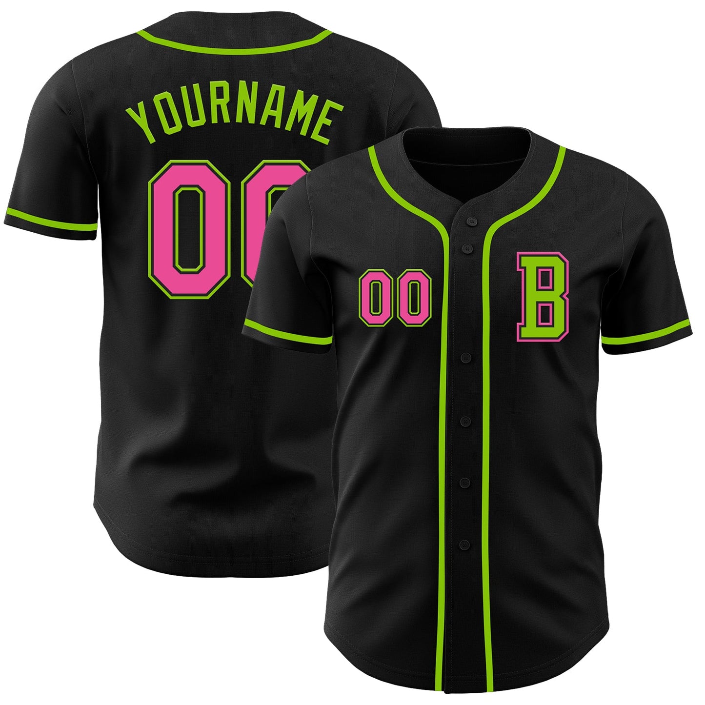 Custom Black Pink-Neon Green Authentic Baseball Jersey - Main View