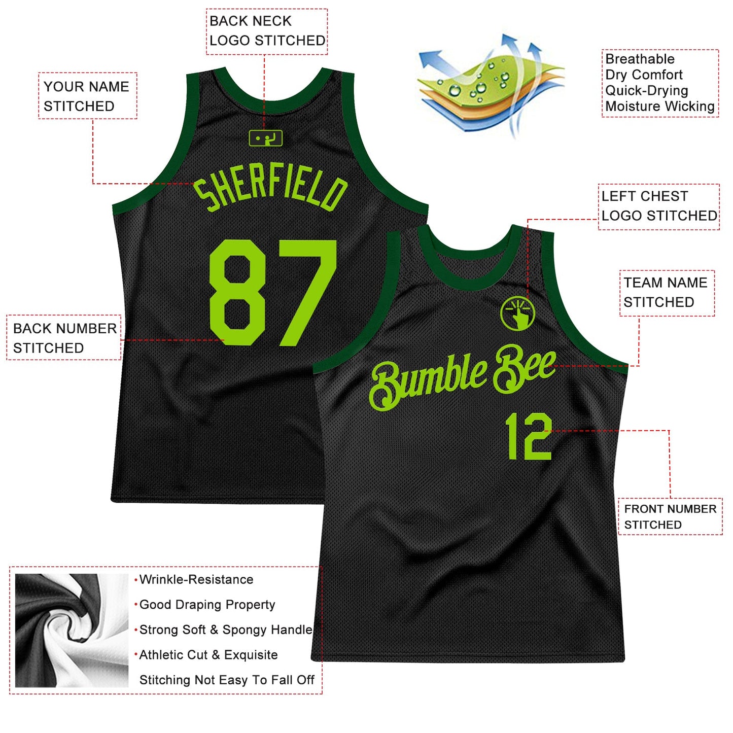 Custom Black Neon Green-Green Authentic Throwback Basketball Jersey view 2