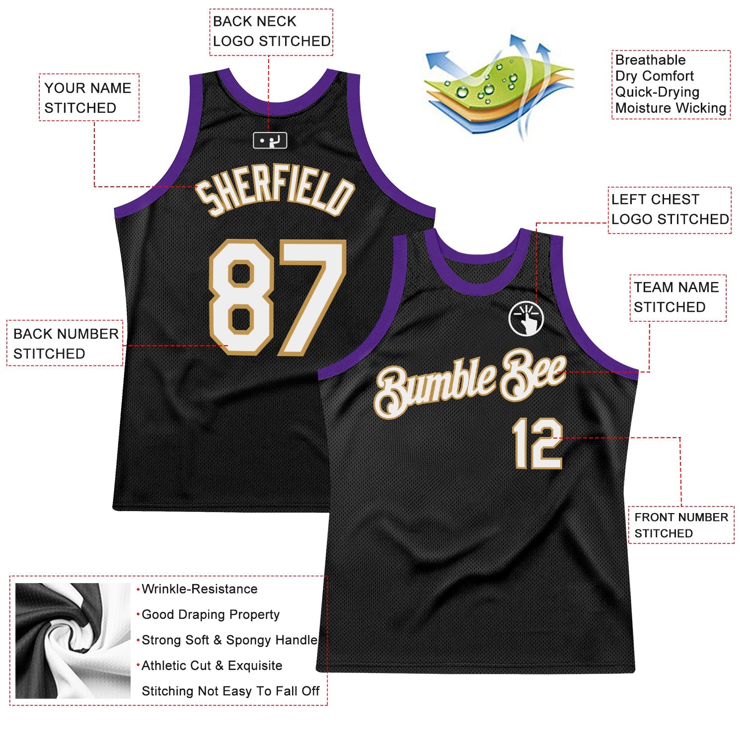 Custom Black Old Gold-Purple Authentic Throwback Basketball Jersey view 2