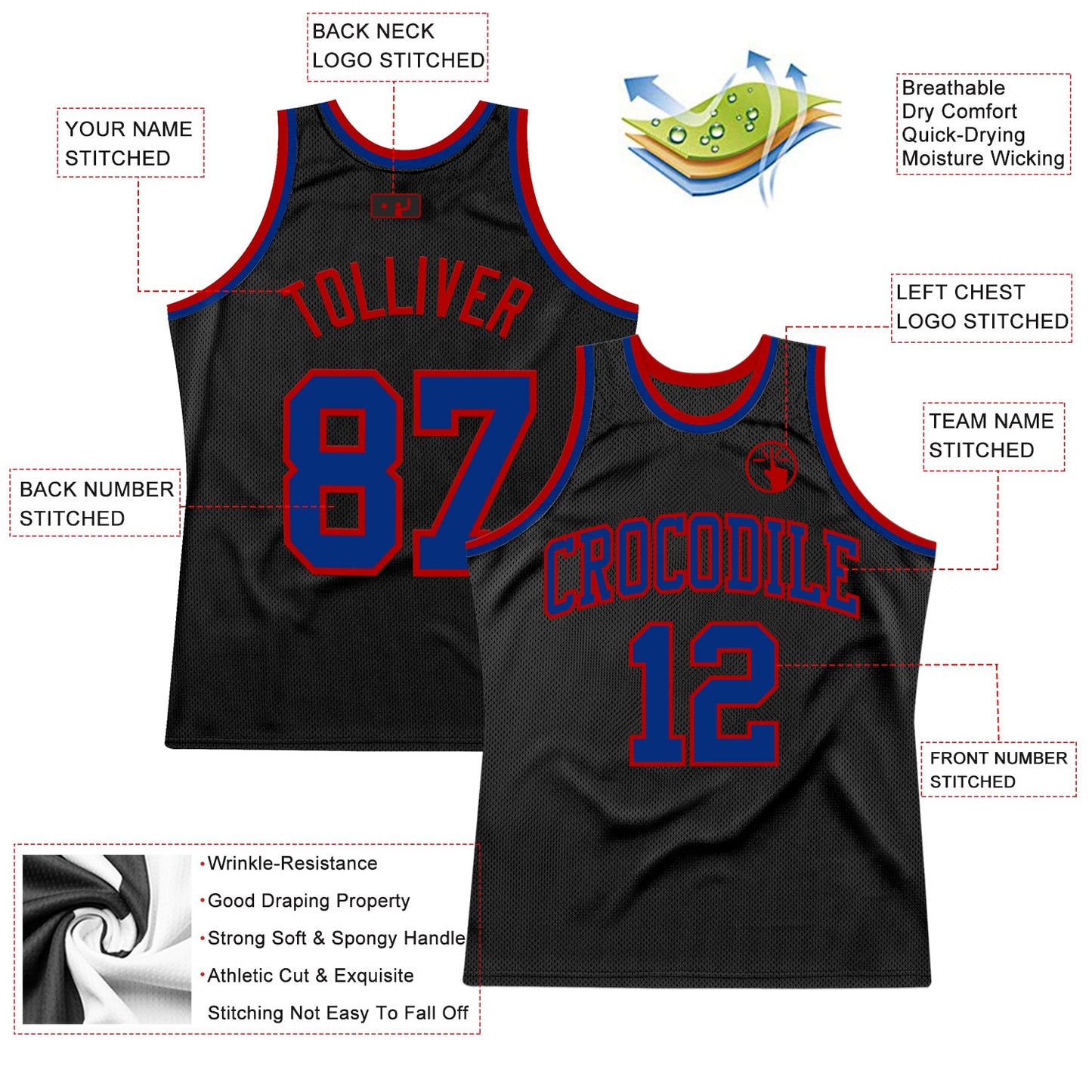 Custom Black Royal-Red Authentic Throwback Basketball Jersey view 2