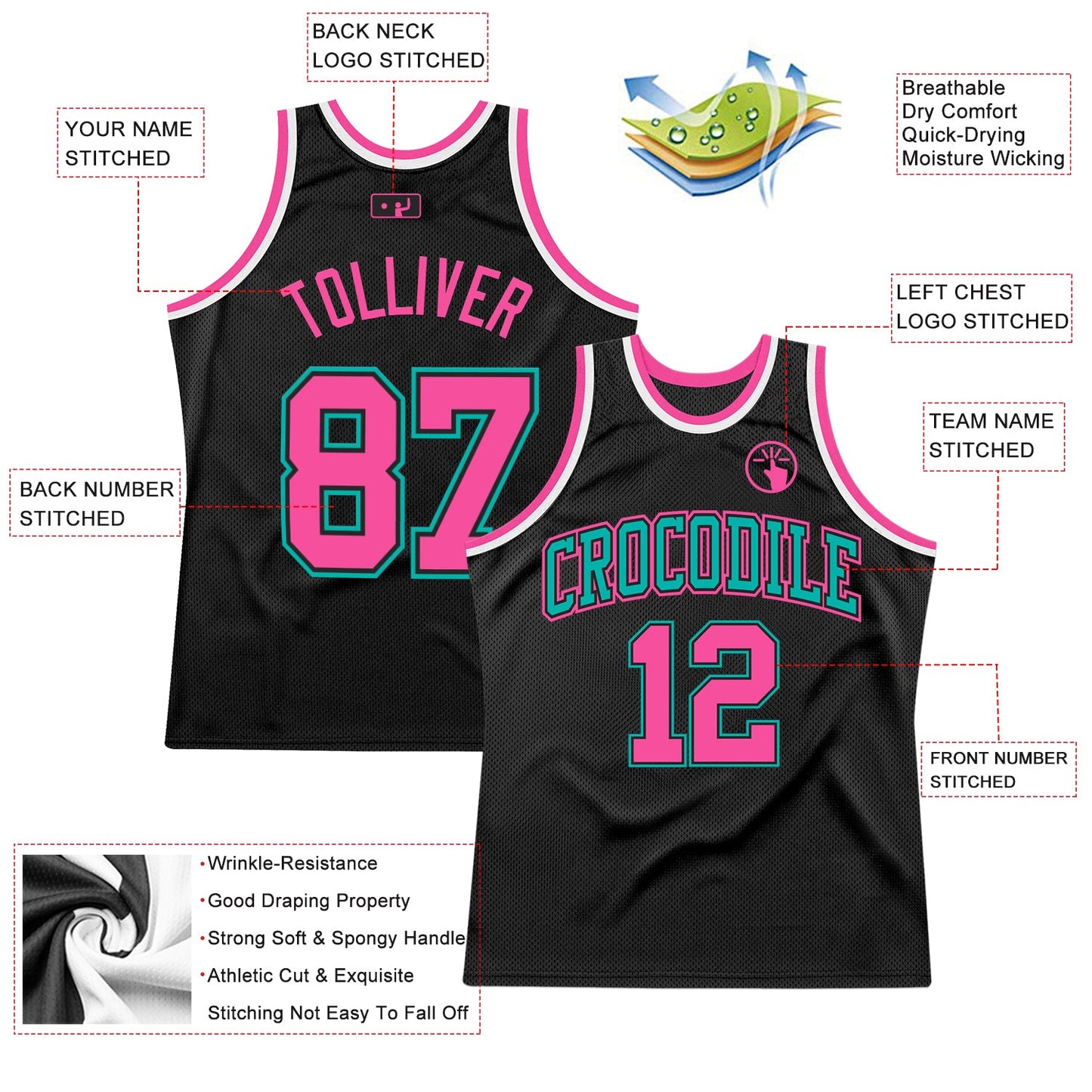 Custom Black Pink Aqua-White Authentic Throwback Basketball Jersey view 2