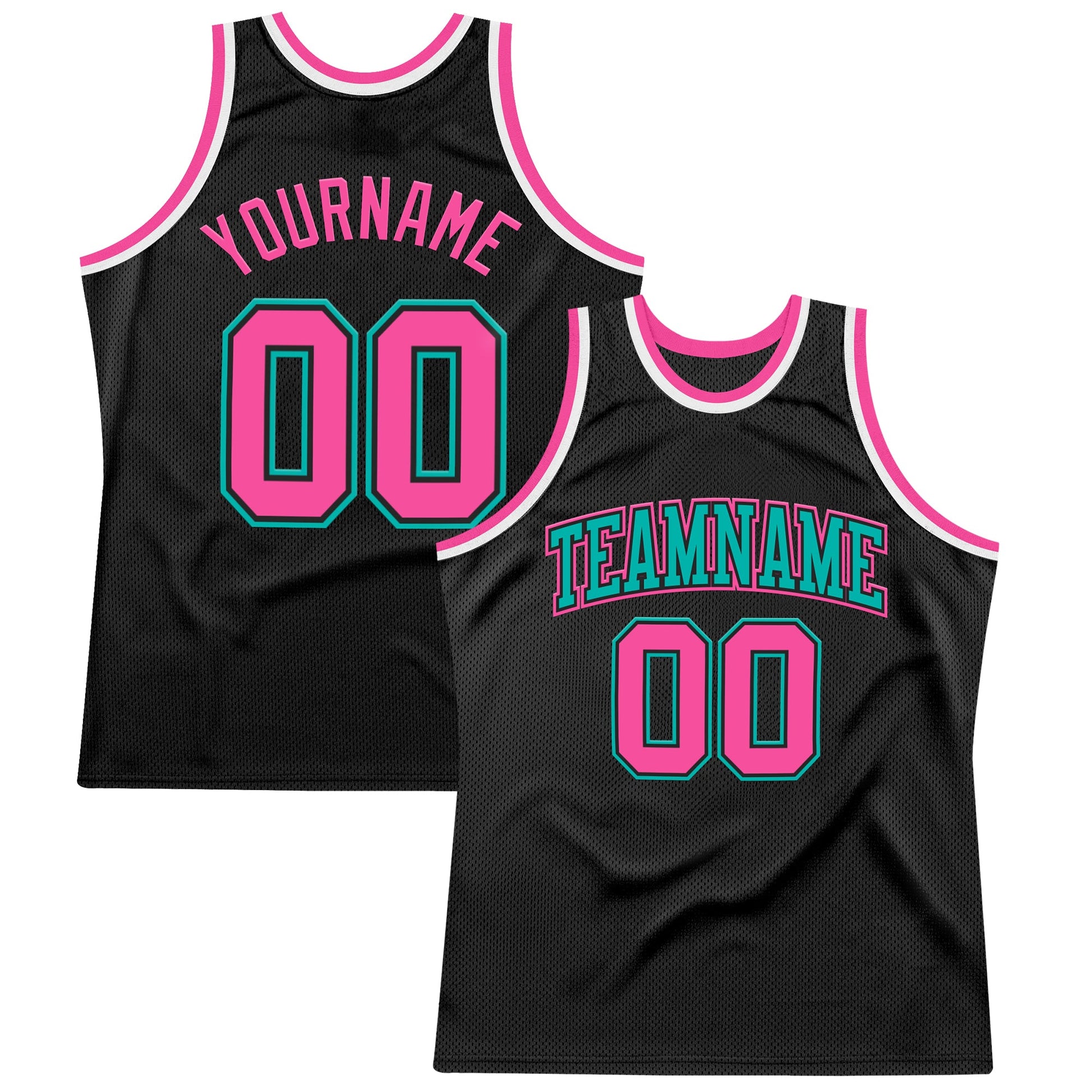 Custom Black Pink Aqua-White Authentic Throwback Basketball Jersey - Main View