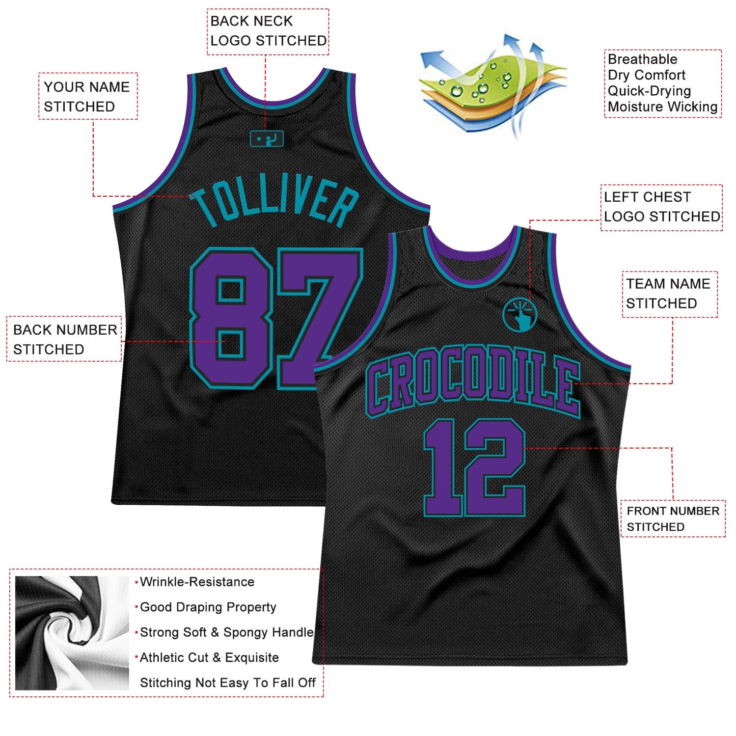 Custom Black Purple-Teal Authentic Throwback Basketball Jersey view 2