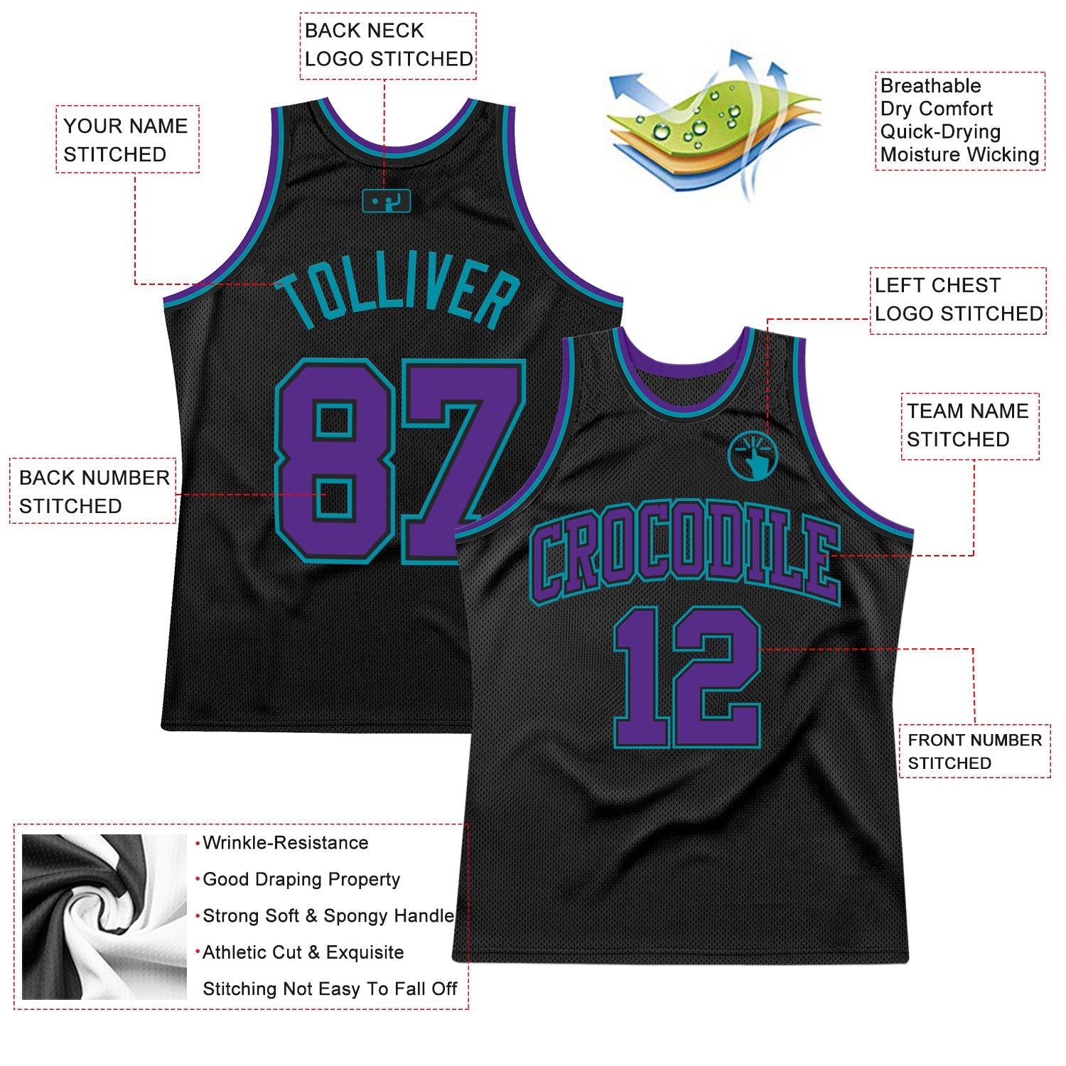 Custom Black Purple-Teal Authentic Throwback Basketball Jersey view 2