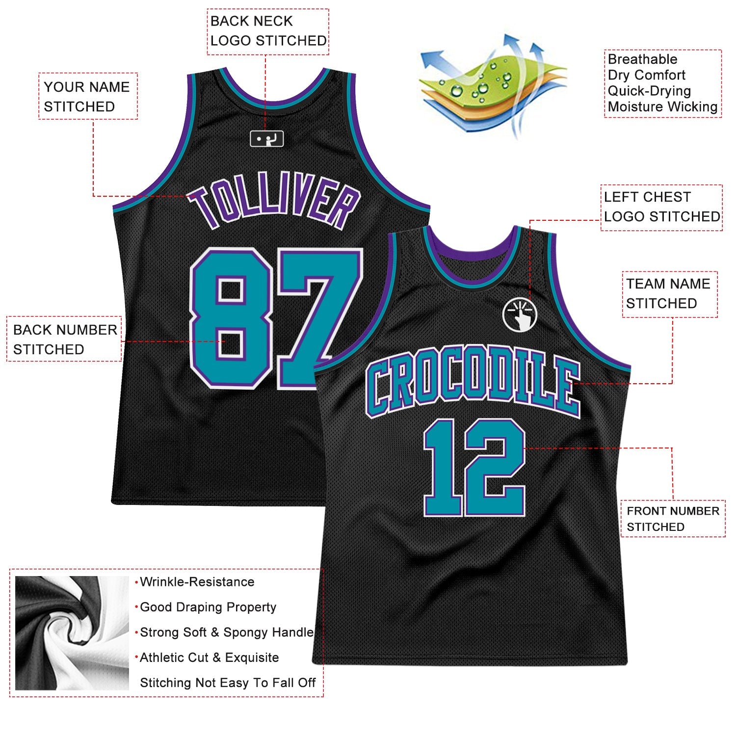 Custom Black Teal Purple-White Authentic Throwback Basketball Jersey view 2