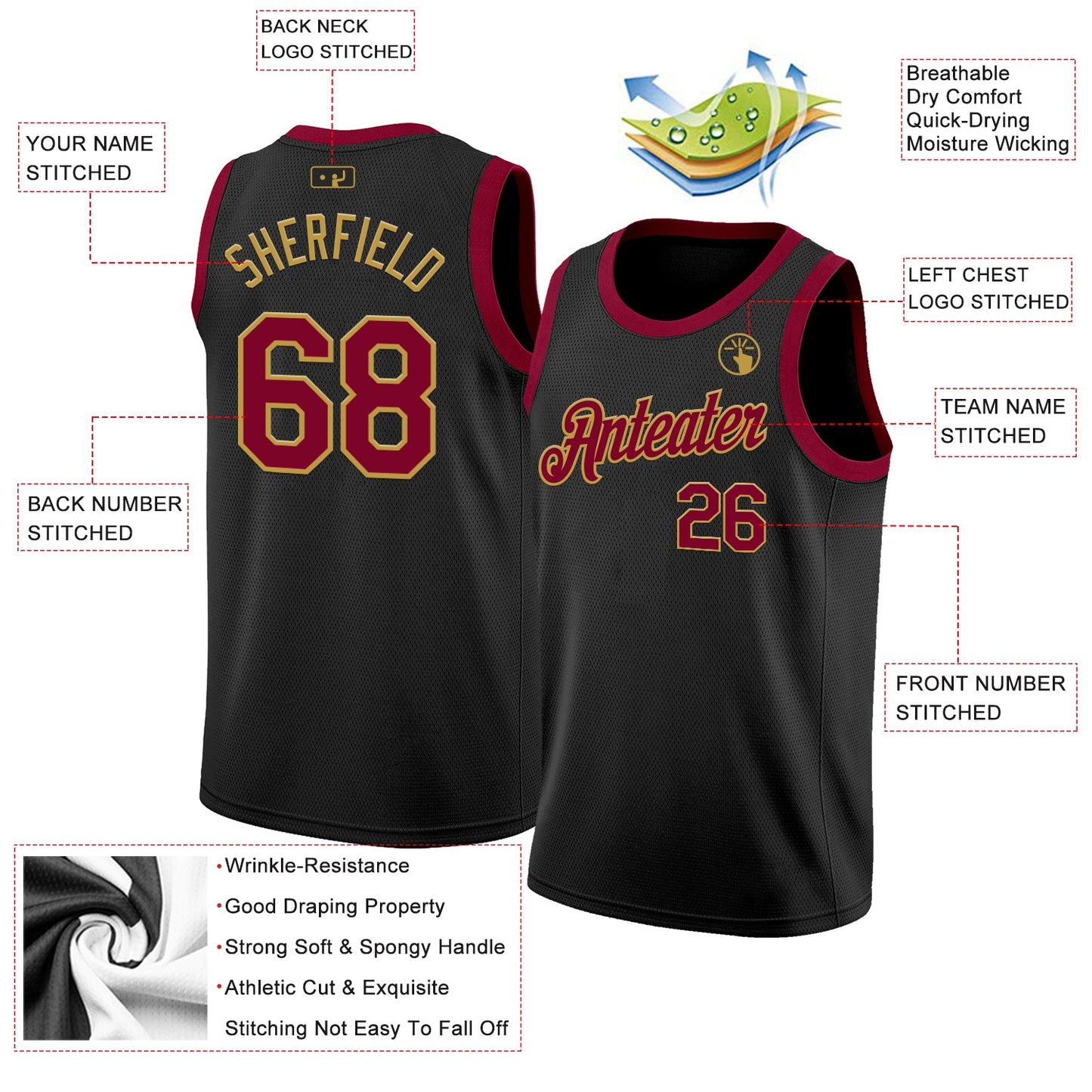 Custom Black Maroon-Old Gold Authentic Basketball Jersey view 2