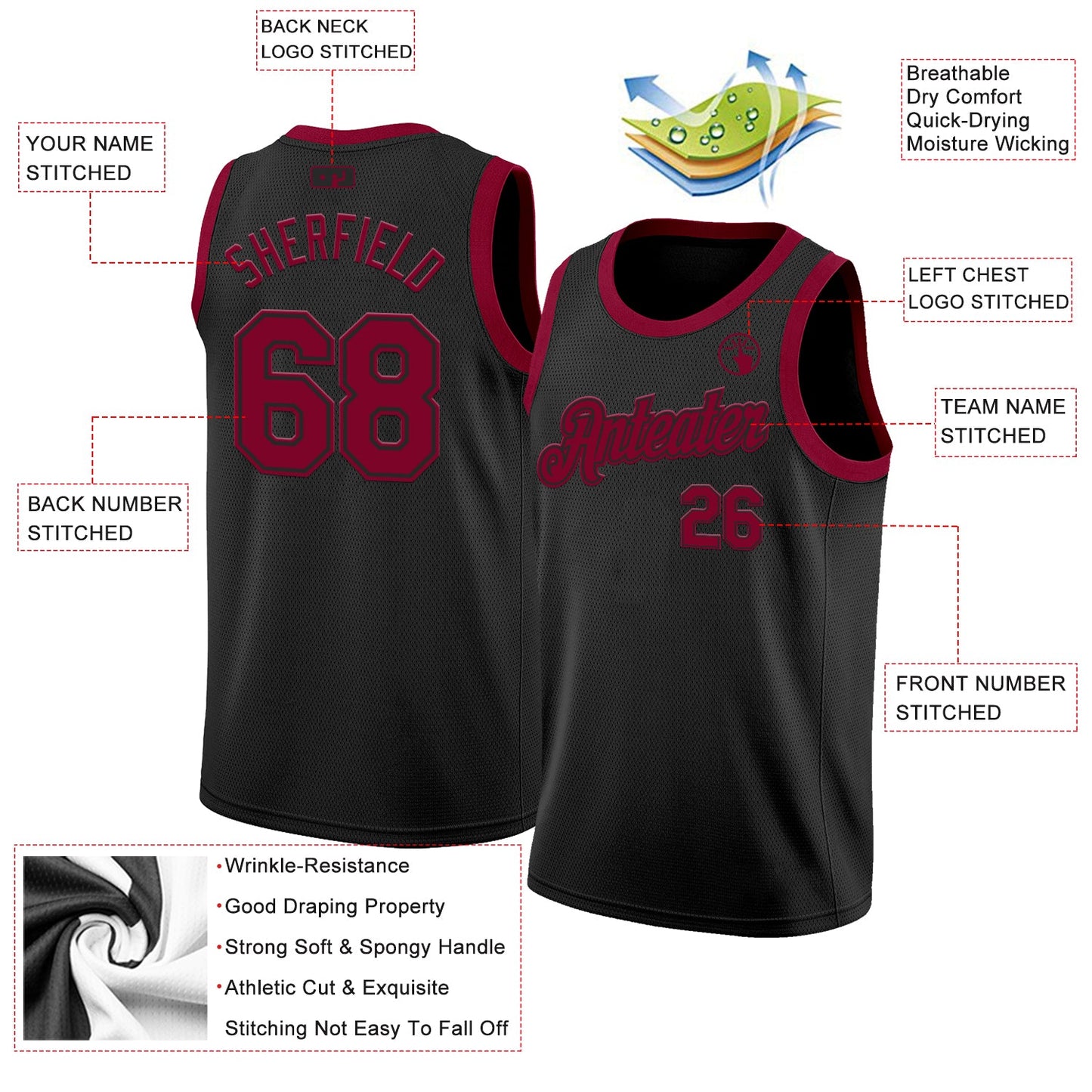 Custom Black Maroon Authentic Basketball Jersey view 2