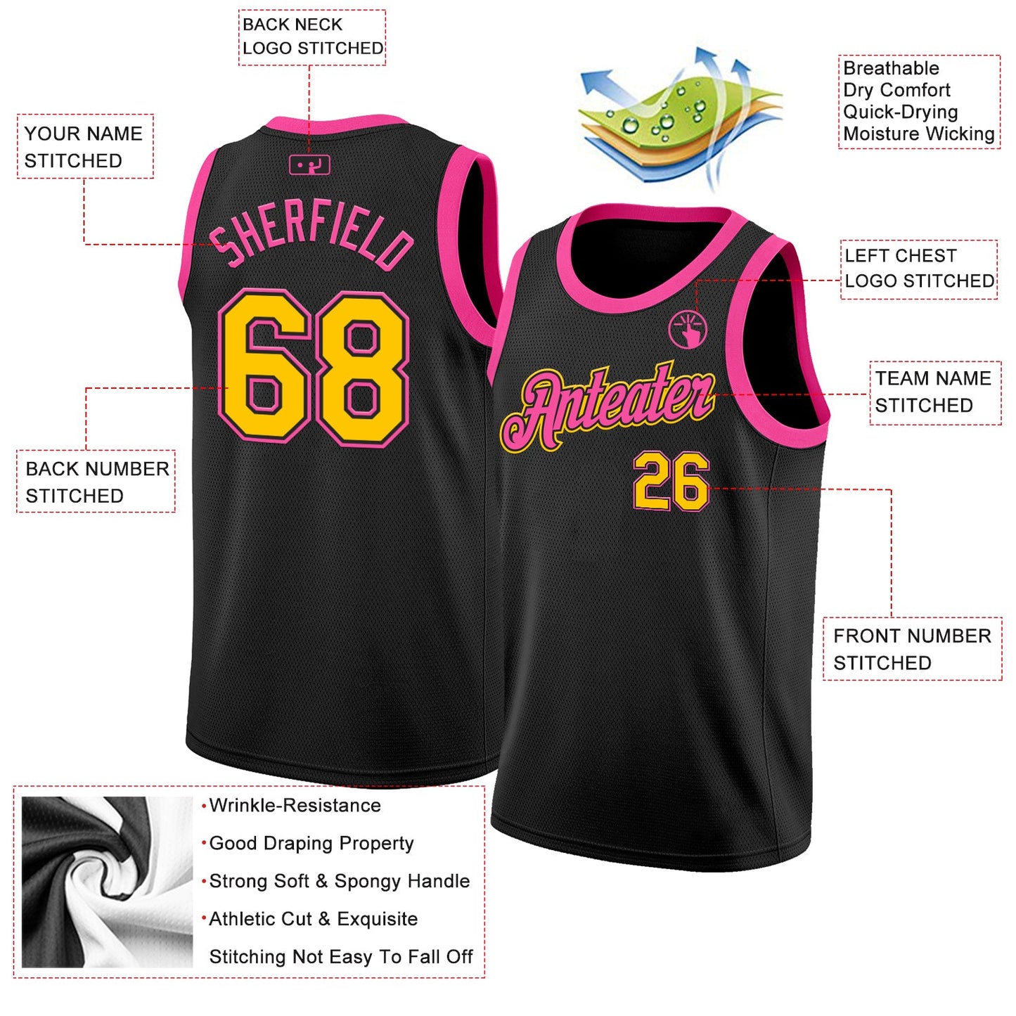 Custom Black Yellow-Pink Authentic Basketball Jersey view 2
