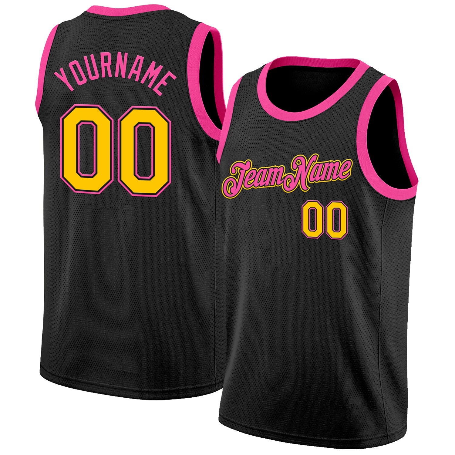 Custom Black Yellow-Pink Authentic Basketball Jersey - Main View