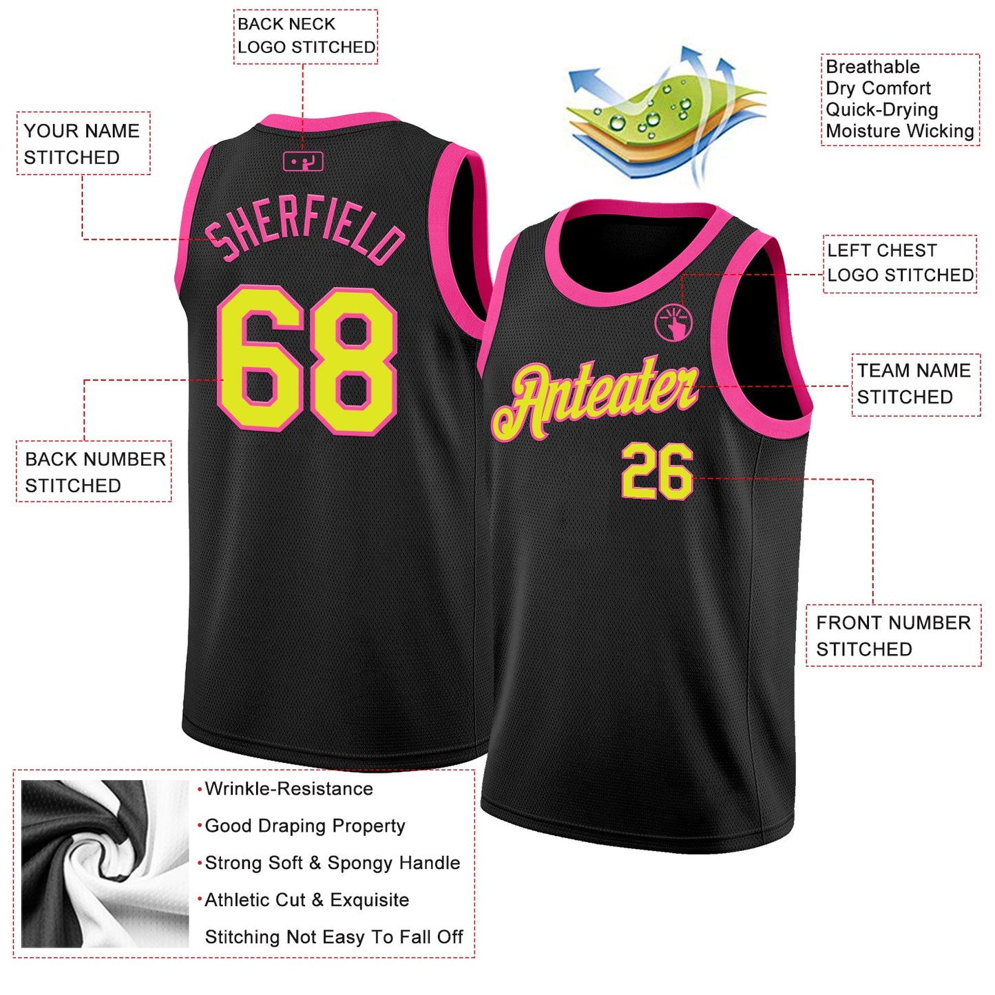 Custom Black Neon Yellow-Pink Authentic Basketball Jersey view 2