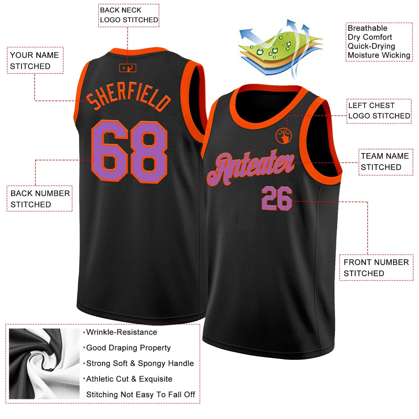 Custom Black Medium Purple-Orange Authentic Basketball Jersey view 2