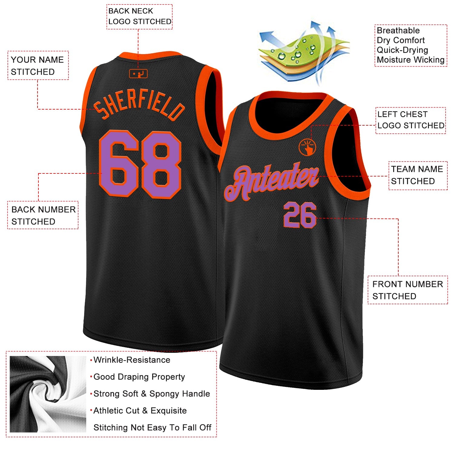Custom Black Medium Purple-Orange Authentic Basketball Jersey view 2