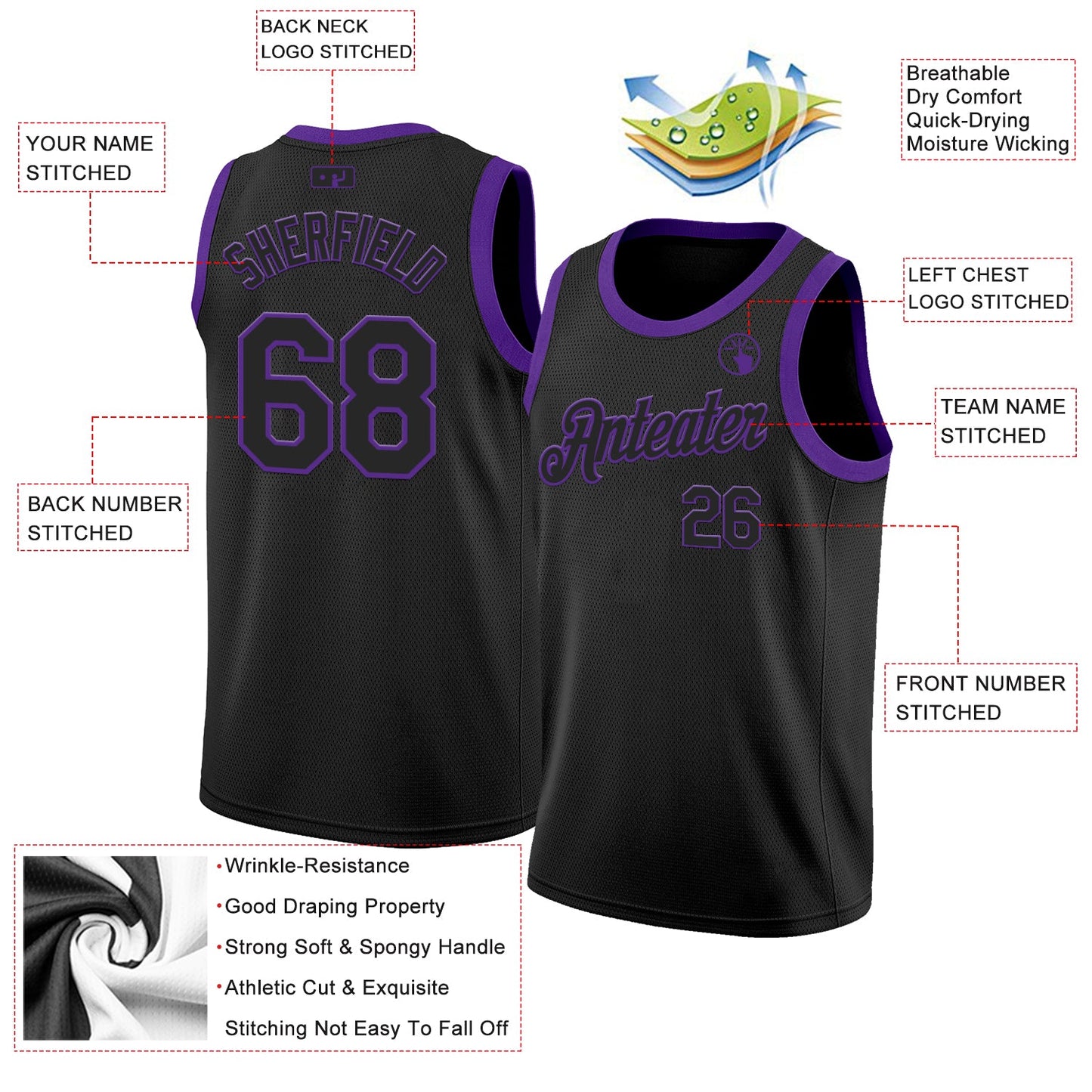 Custom Black Purple Authentic Basketball Jersey view 2