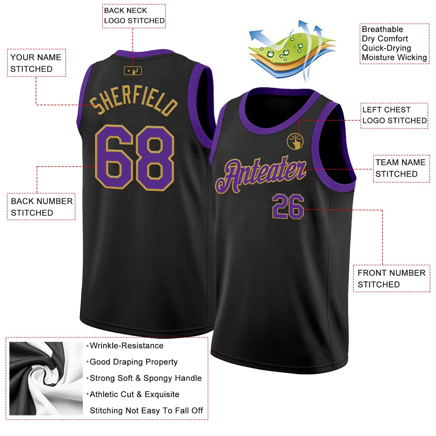 Custom Black Purple-Old Gold Authentic Basketball Jersey view 2