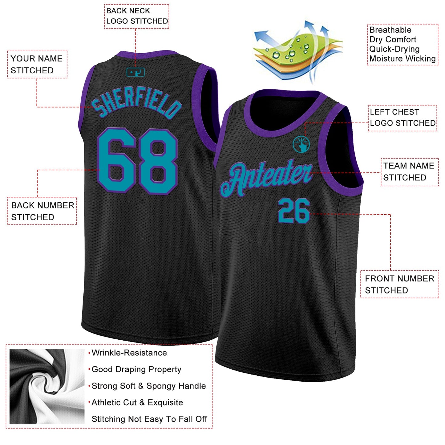 Custom Black Teal-Purple Authentic Basketball Jersey view 2