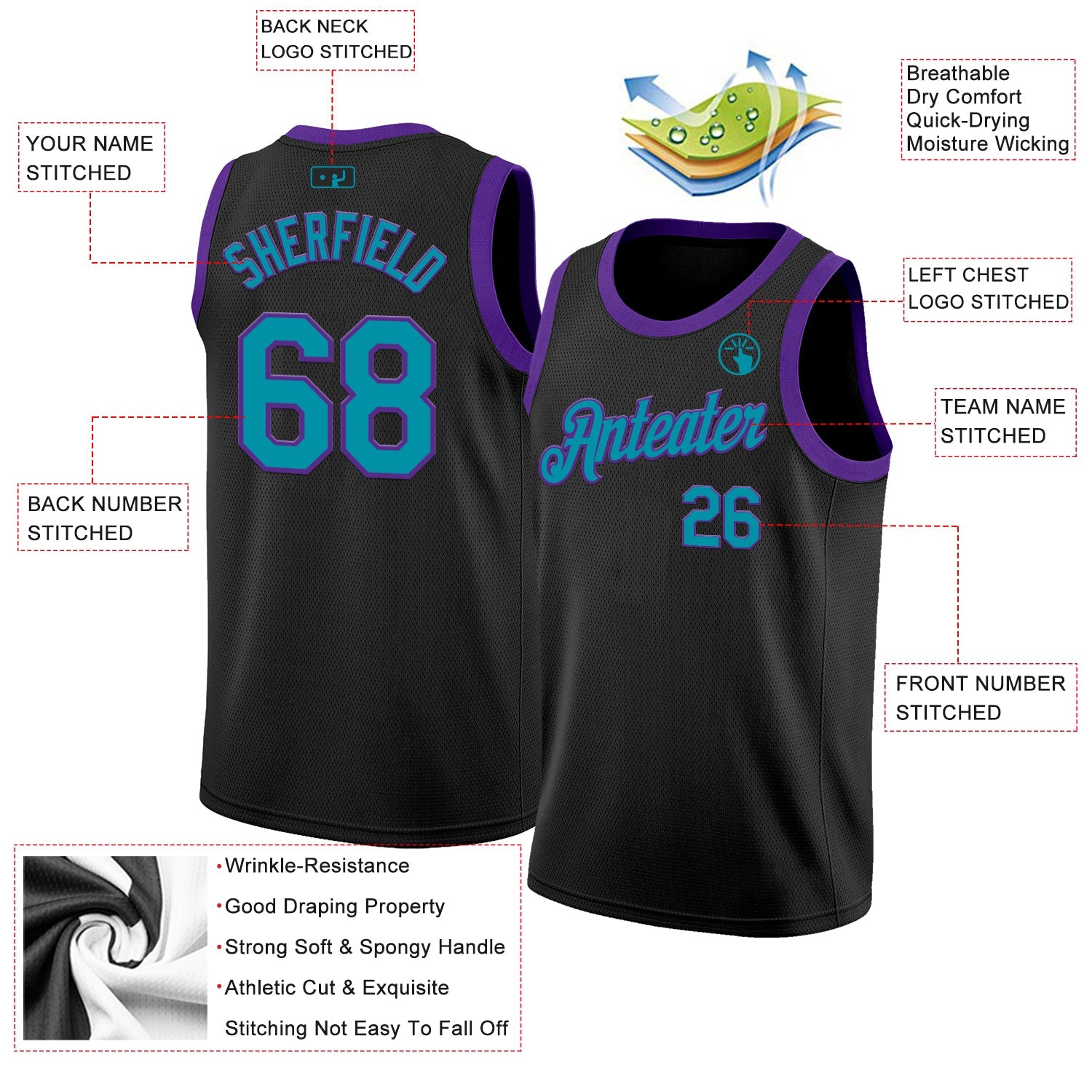 Custom Black Teal-Purple Authentic Basketball Jersey view 2