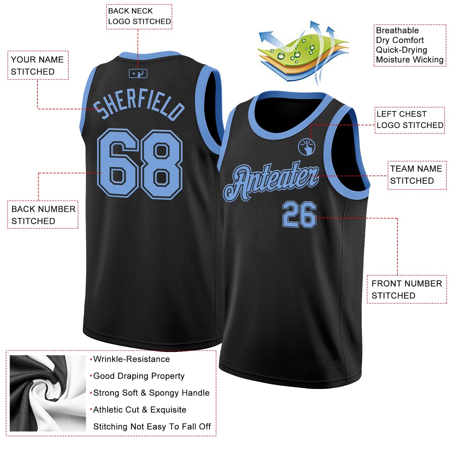 Custom Black Light Blue Authentic Basketball Jersey view 2
