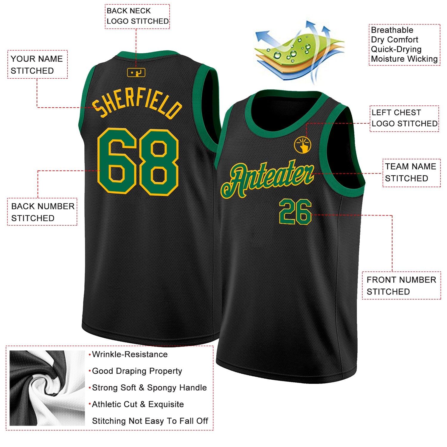 Custom Black Kelly Green-Gold Authentic Basketball Jersey view 2