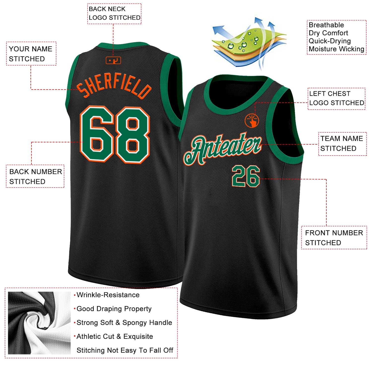 Custom Black Kelly Green White-Orange Authentic Basketball Jersey view 2