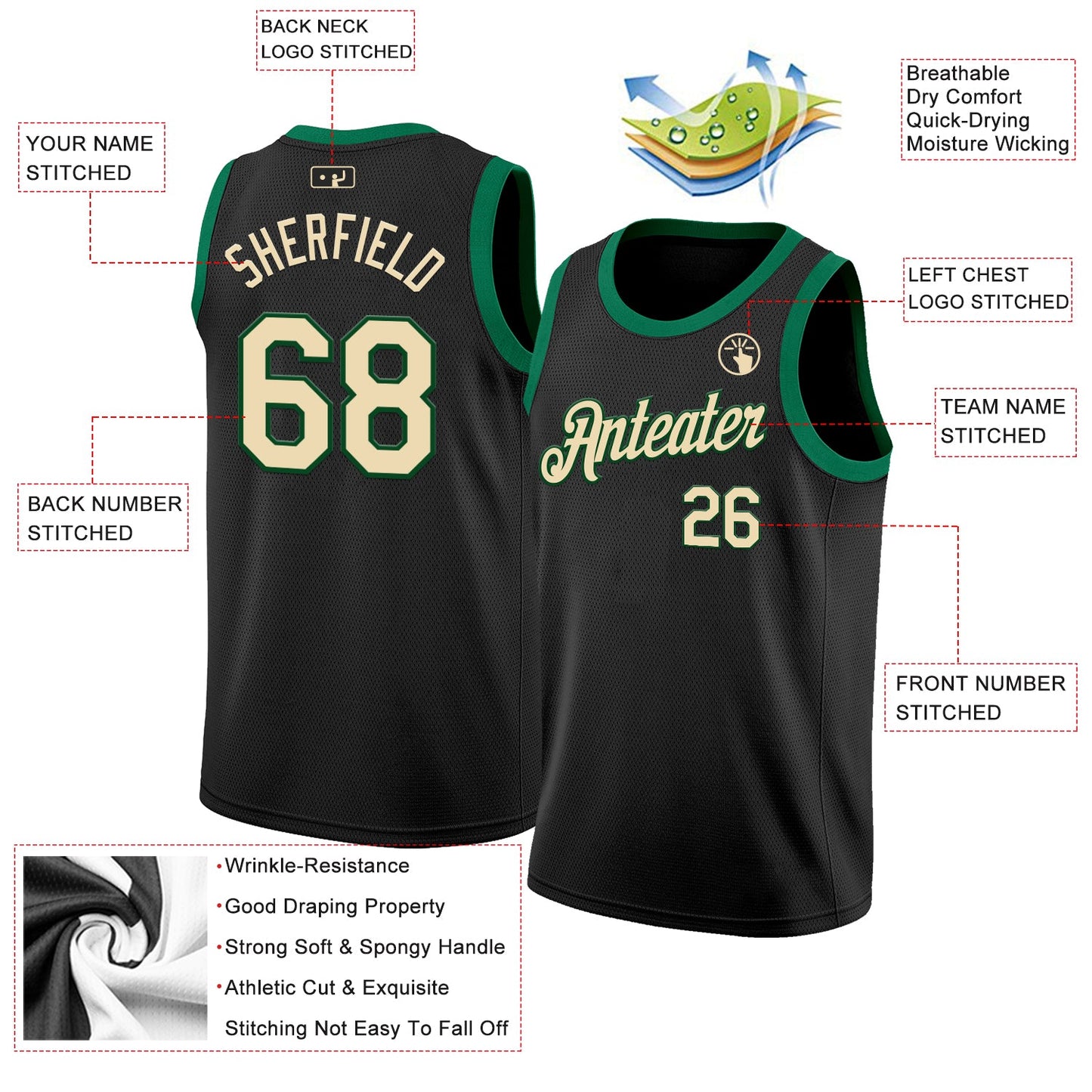 Custom Black Cream-Green Authentic Basketball Jersey view 2