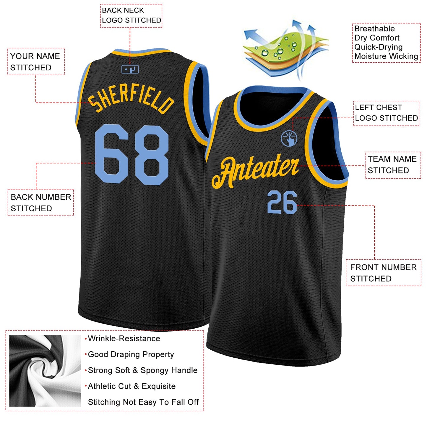 Custom Black Light Blue-Gold Authentic Basketball Jersey view 2