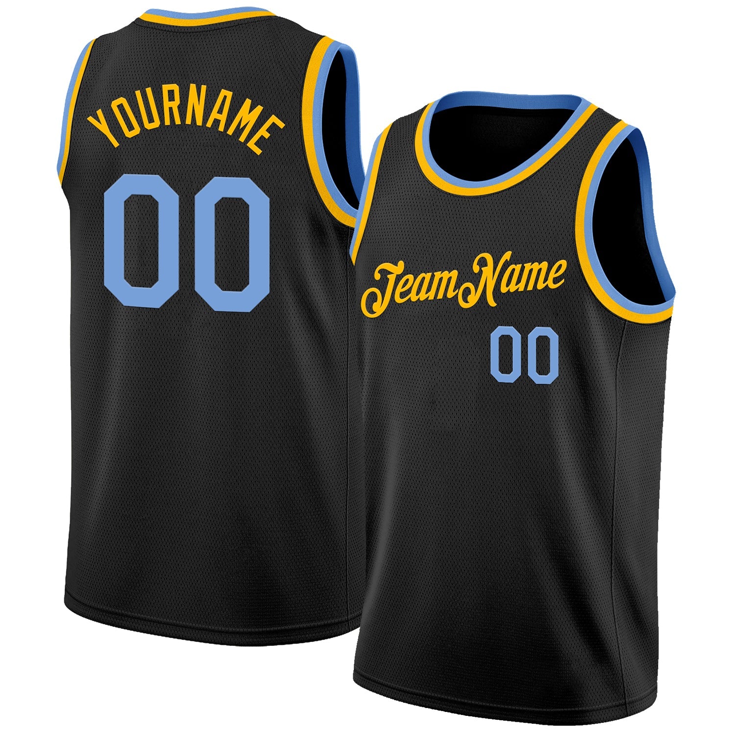 Custom Black Light Blue-Gold Authentic Basketball Jersey - Main View