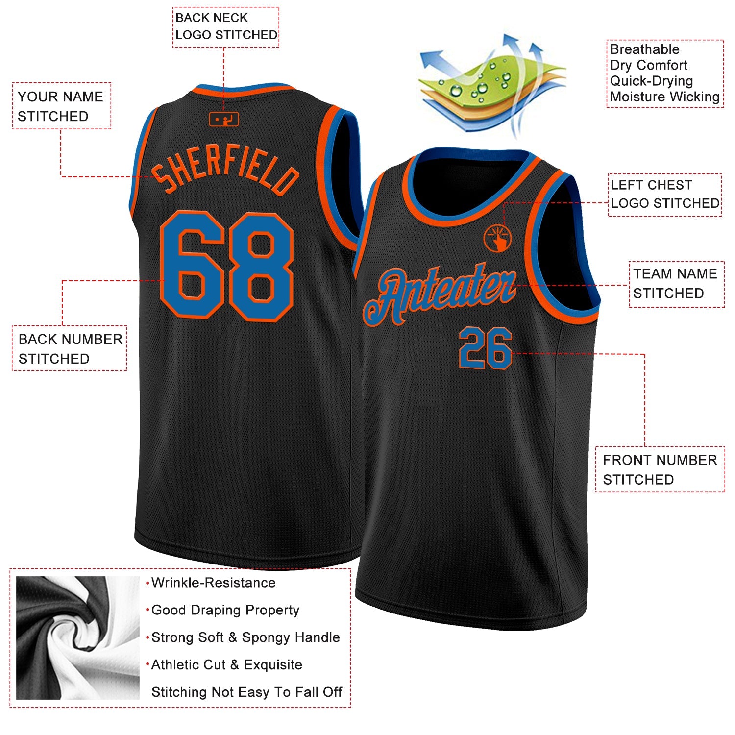 Custom Black Blue-Orange Authentic Basketball Jersey view 2