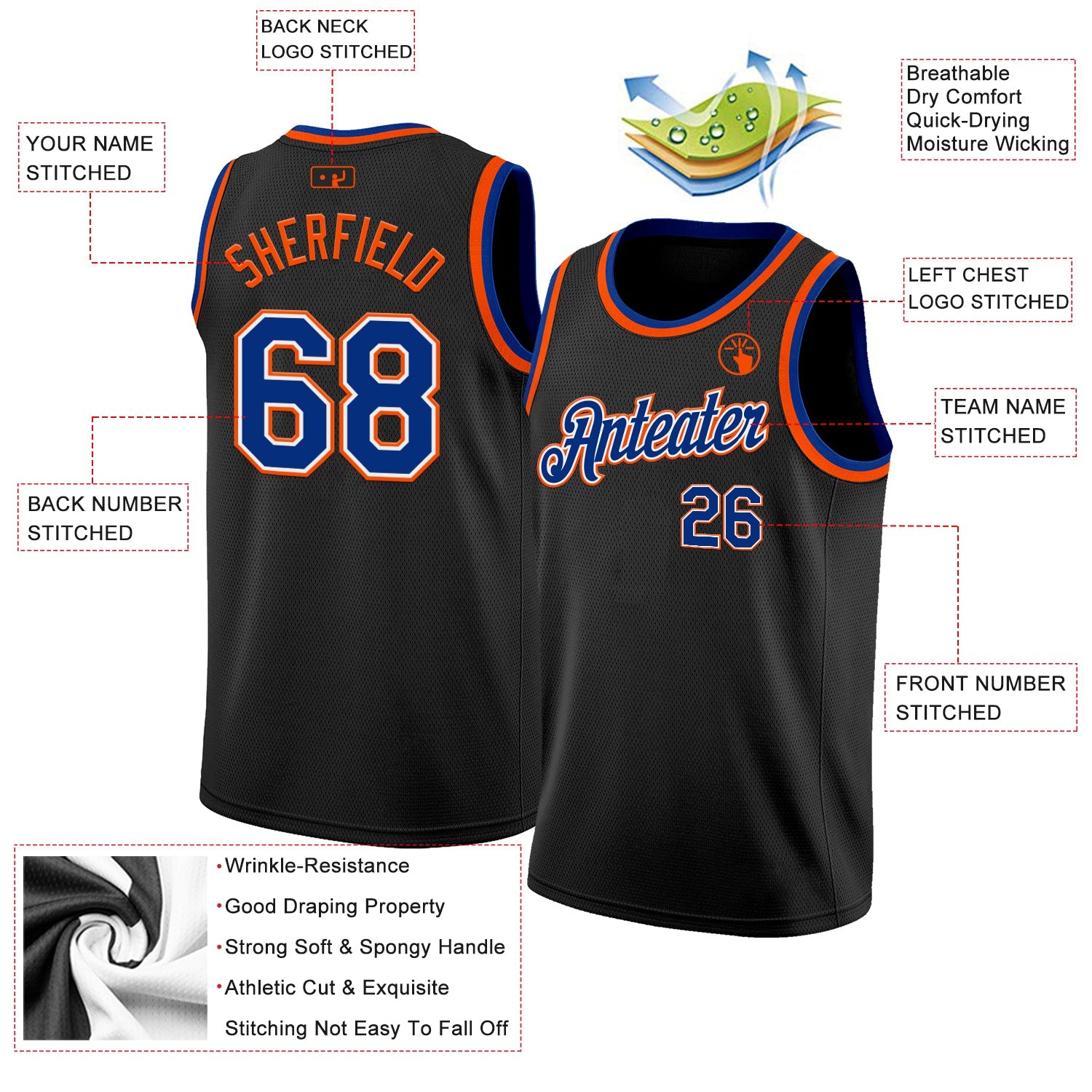 Custom Black Royal White-Orange Authentic Basketball Jersey view 2