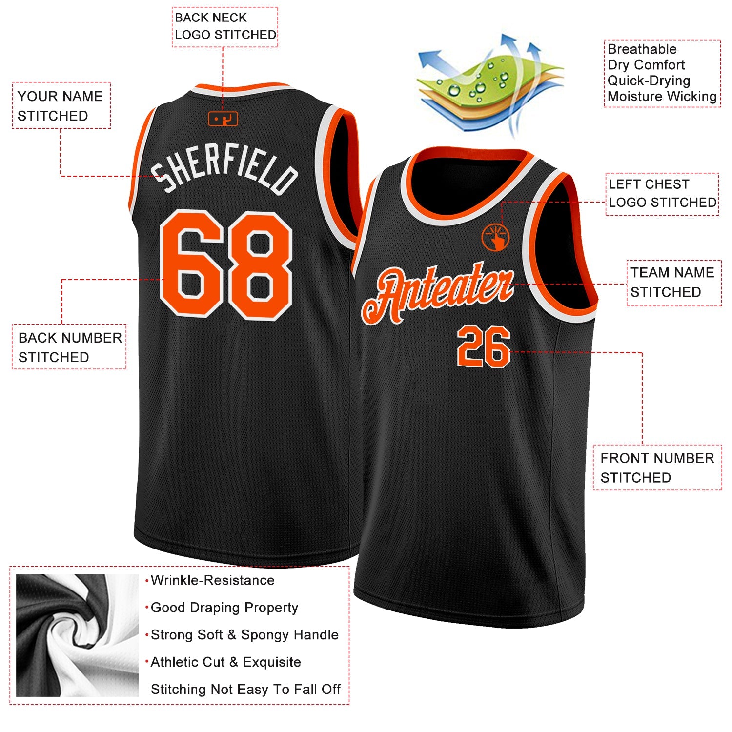 Custom Black Orange-White Authentic Basketball Jersey view 2