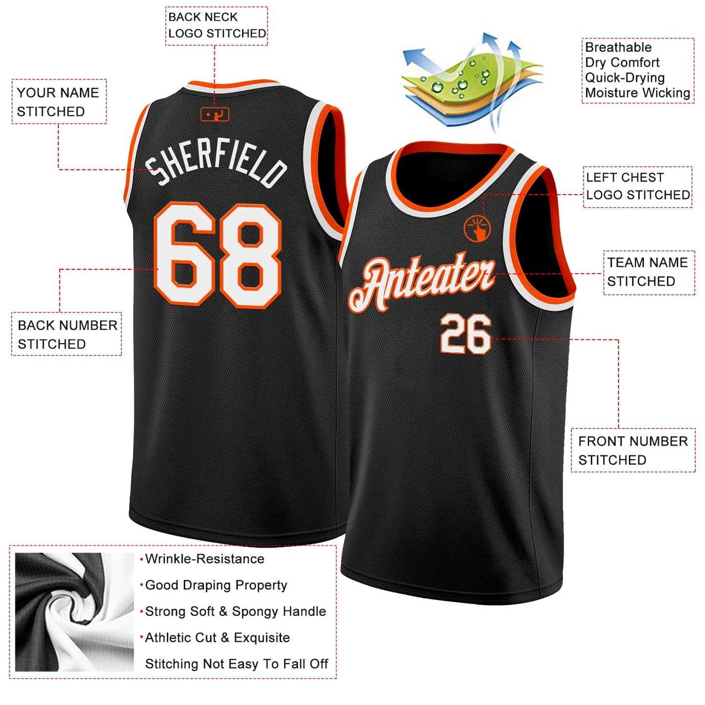Custom Black White-Orange Authentic Basketball Jersey view 2