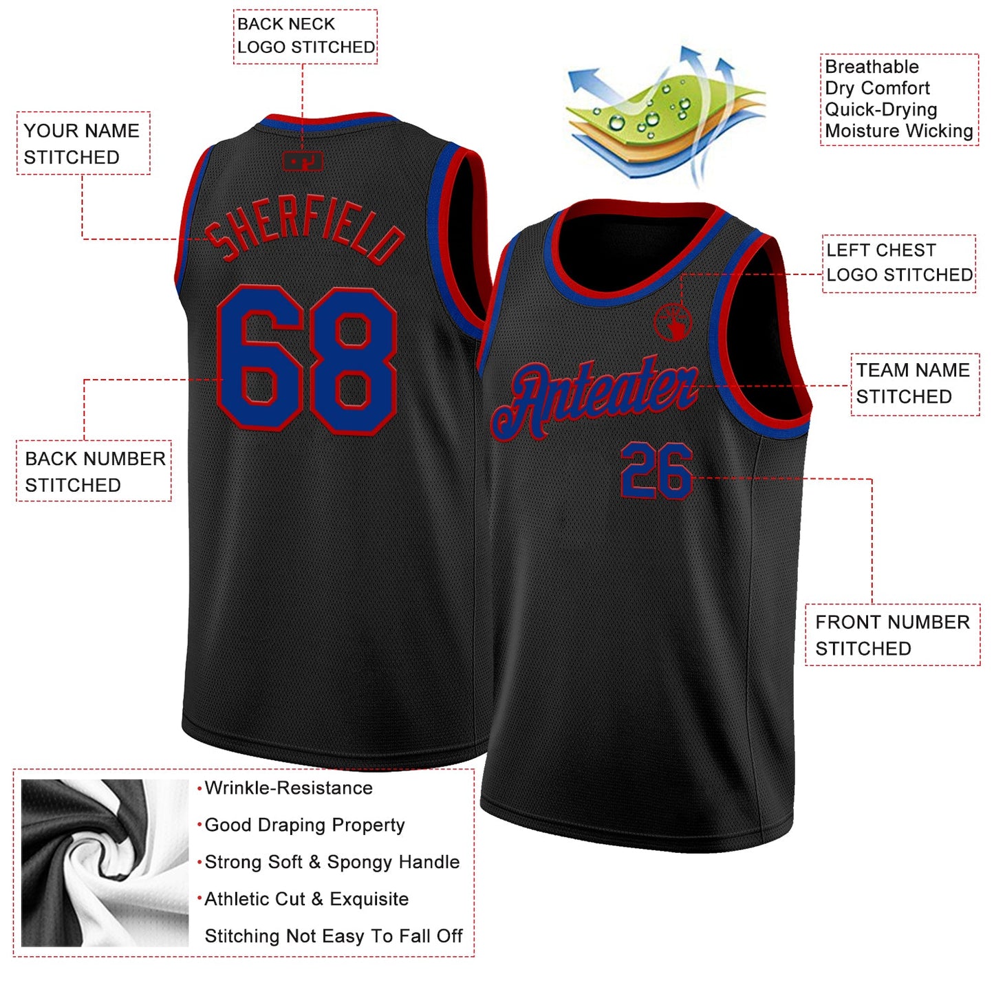 Custom Black Royal-Red Authentic Basketball Jersey view 2