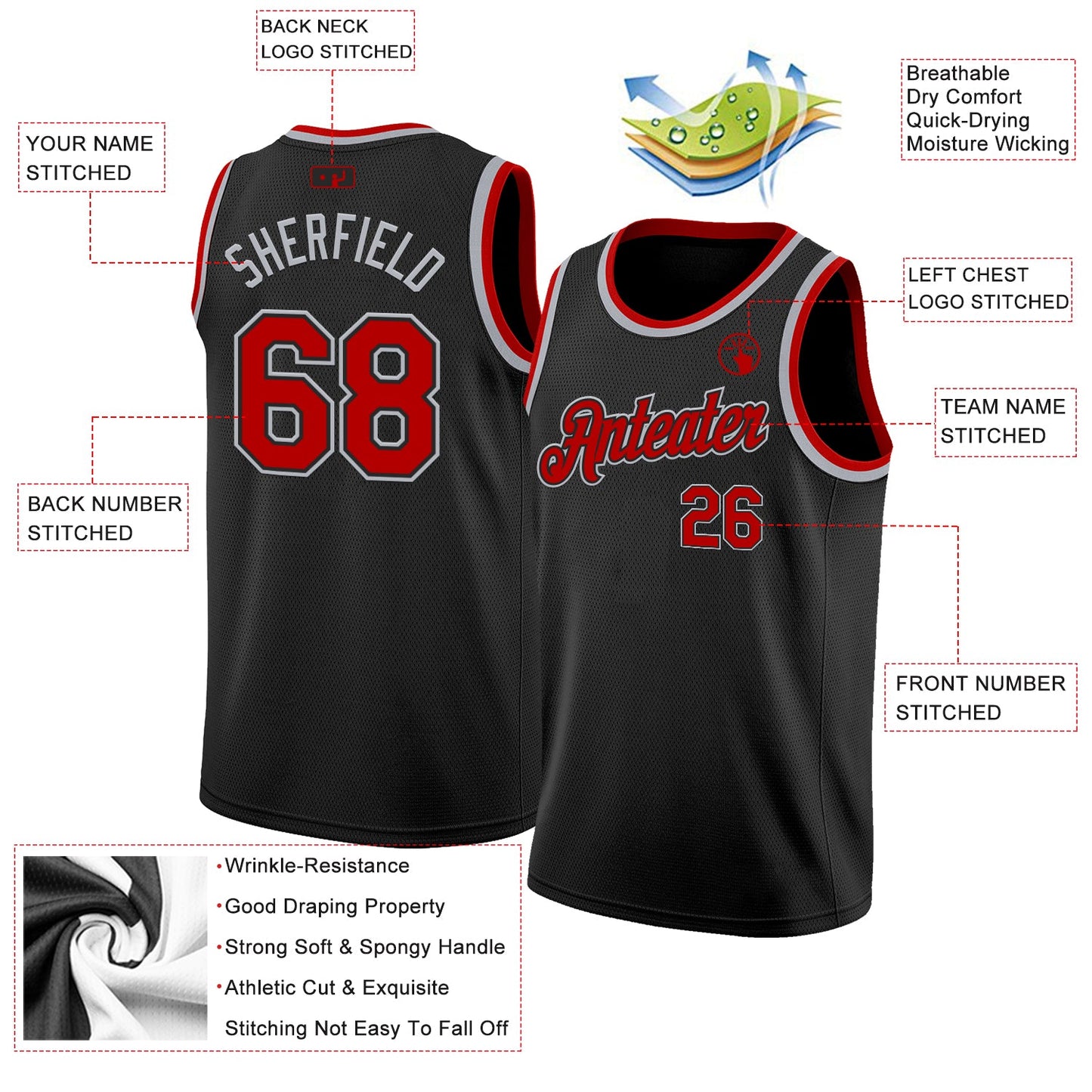 Custom Black Red-Gray Authentic Basketball Jersey view 2