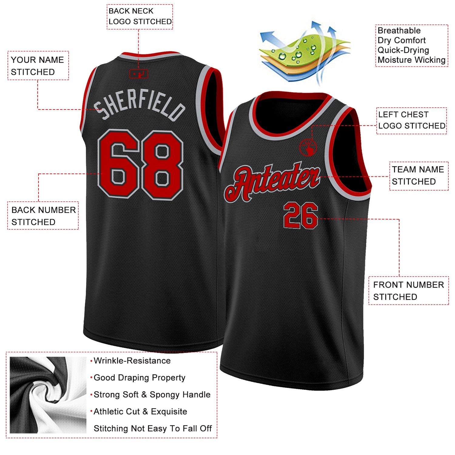 Custom Black Red-Gray Authentic Basketball Jersey view 2