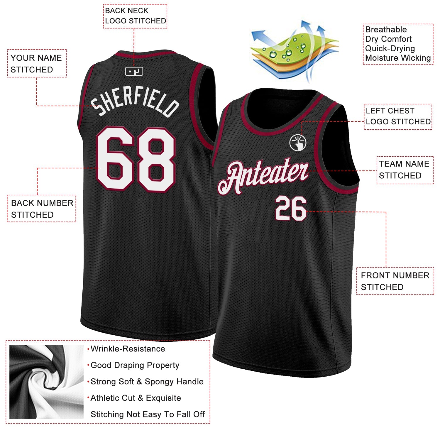 Custom Black White-Maroon Authentic Basketball Jersey view 2