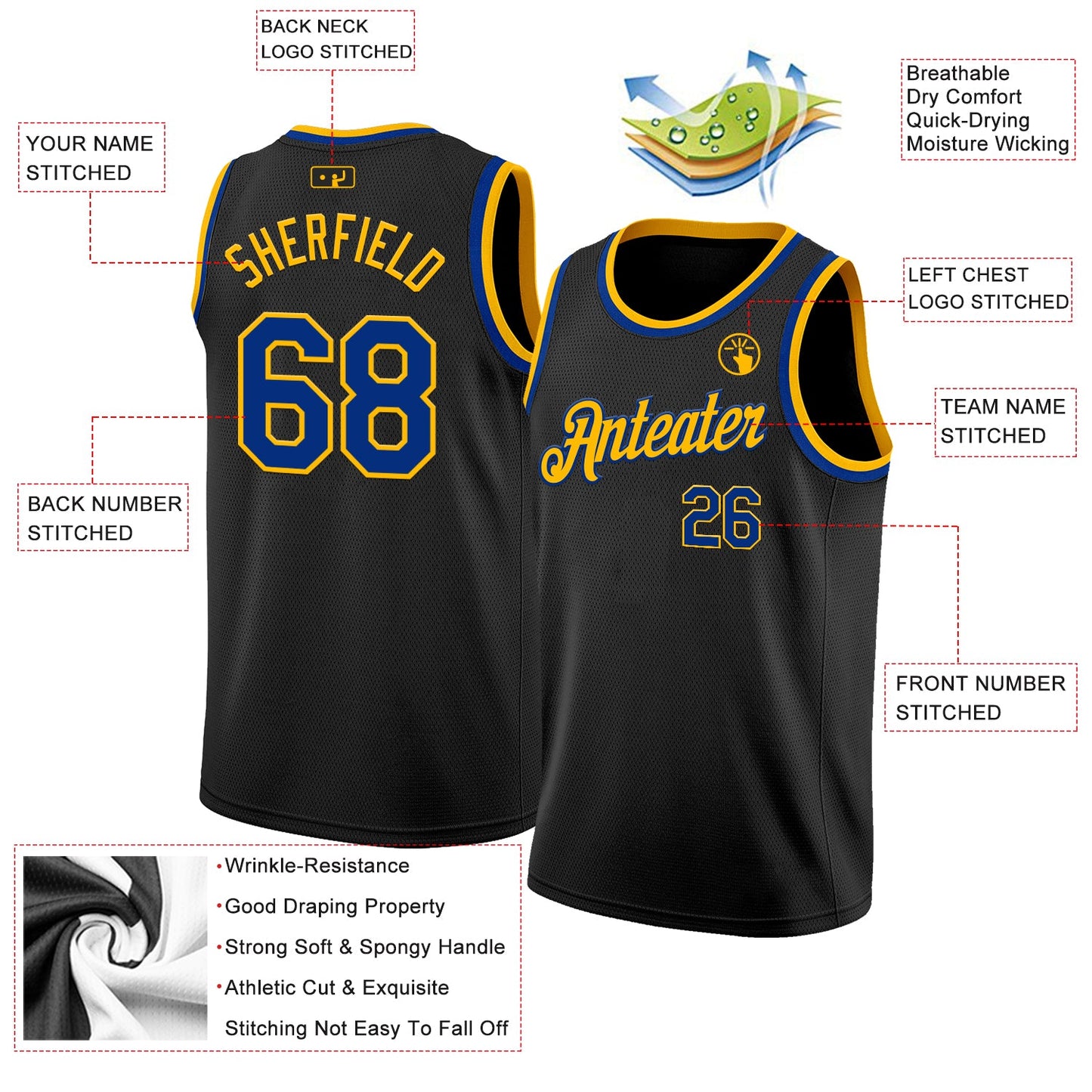 Custom Black Royal-Gold Authentic Basketball Jersey view 2