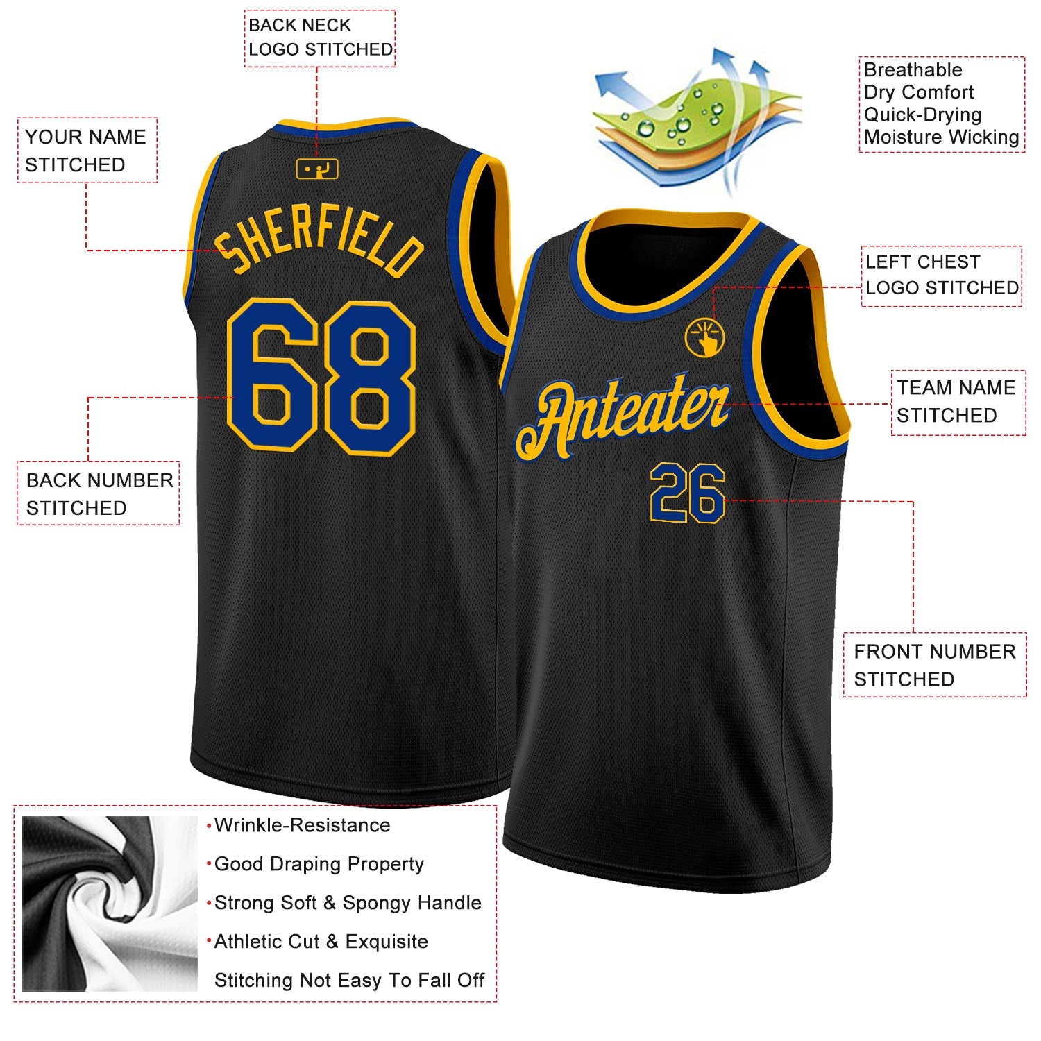 Custom Black Royal-Gold Authentic Basketball Jersey view 2