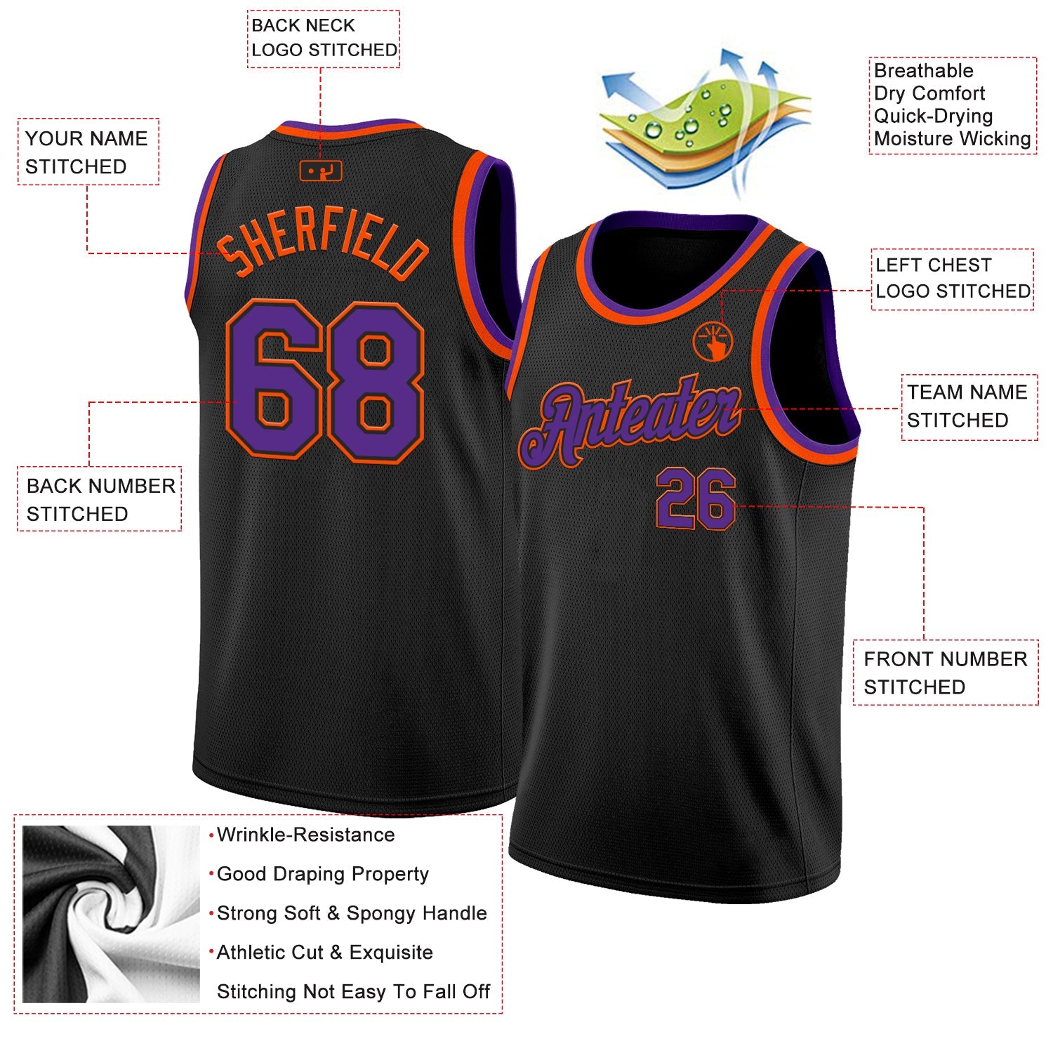 Custom Black Purple-Orange Authentic Basketball Jersey view 2