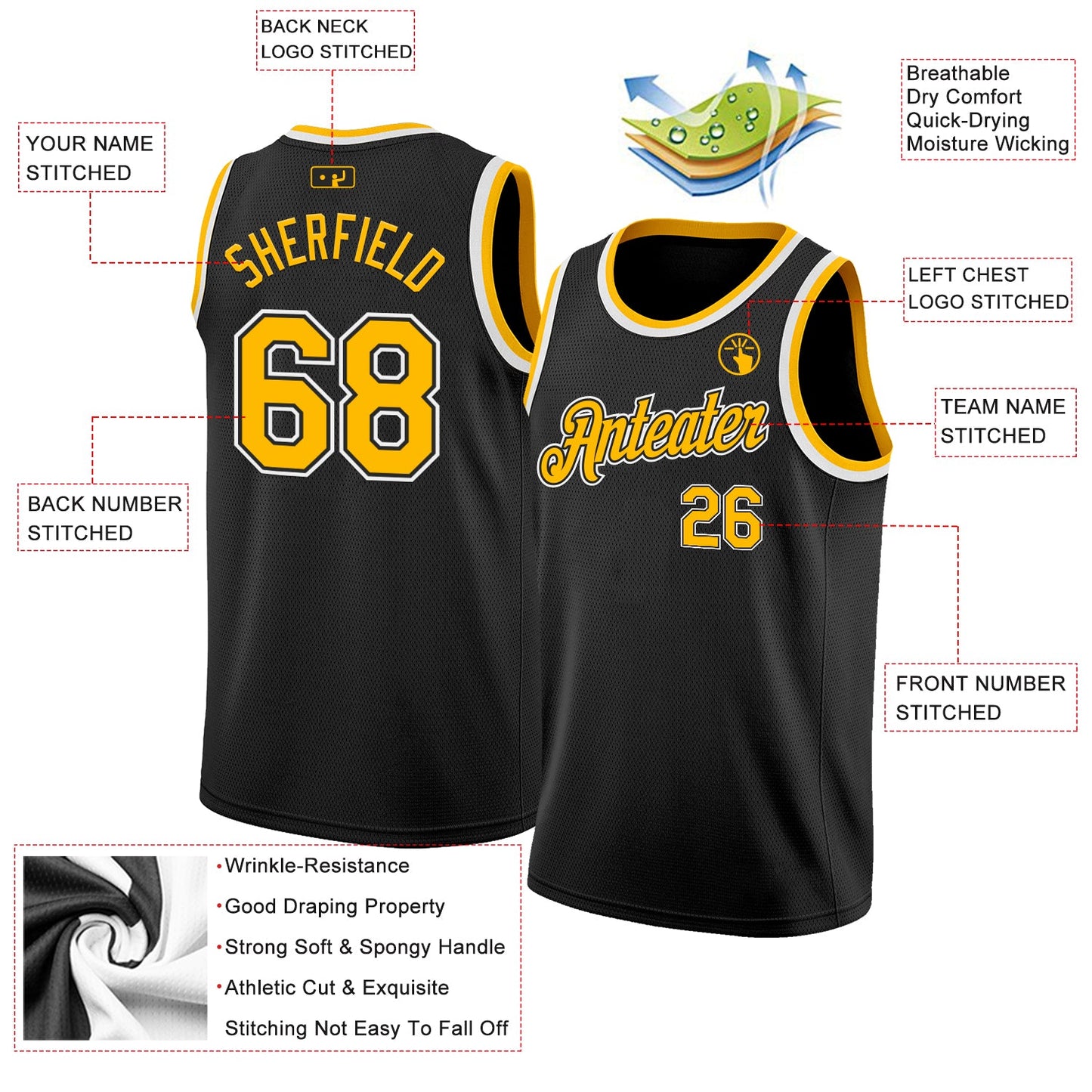 Custom Black Gold-White Authentic Basketball Jersey view 2