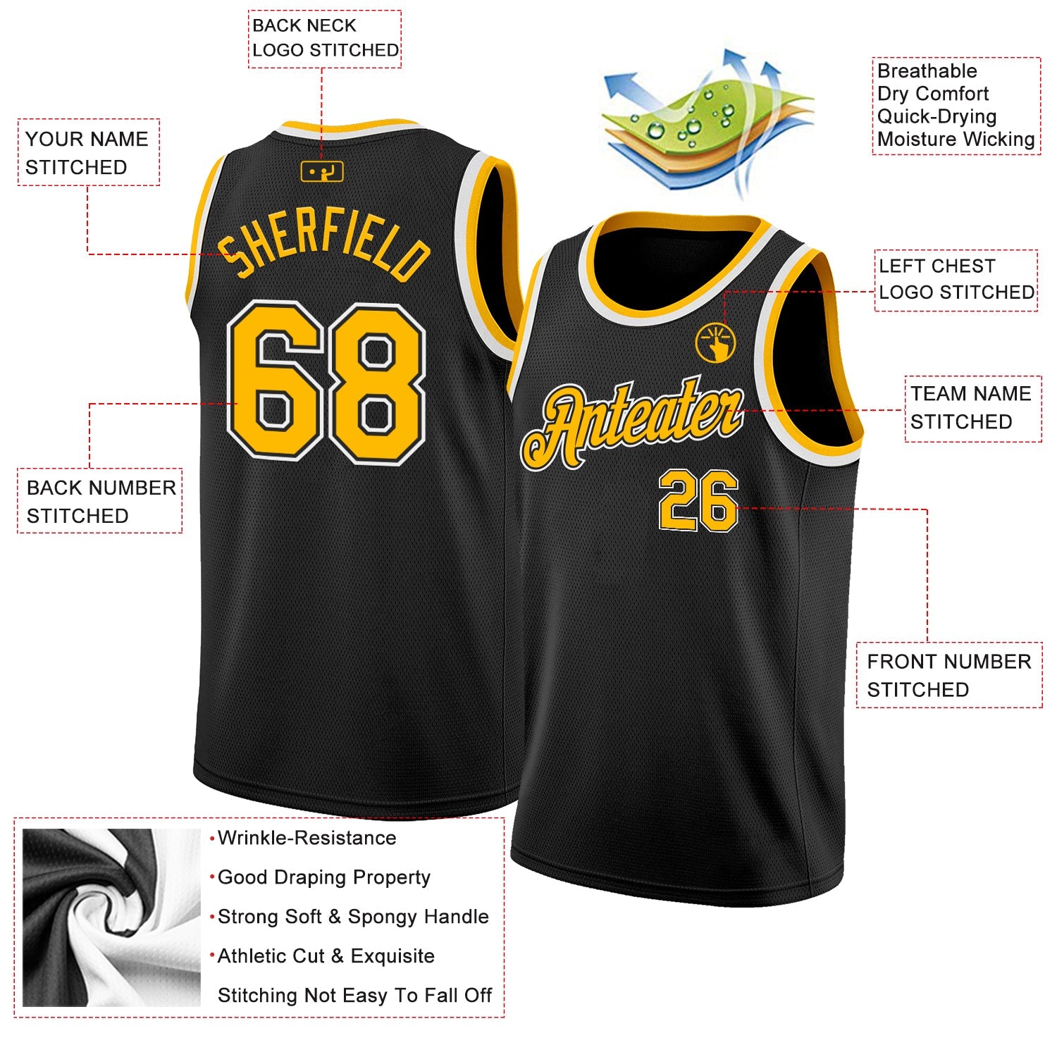 Custom Black Gold-White Authentic Basketball Jersey view 2