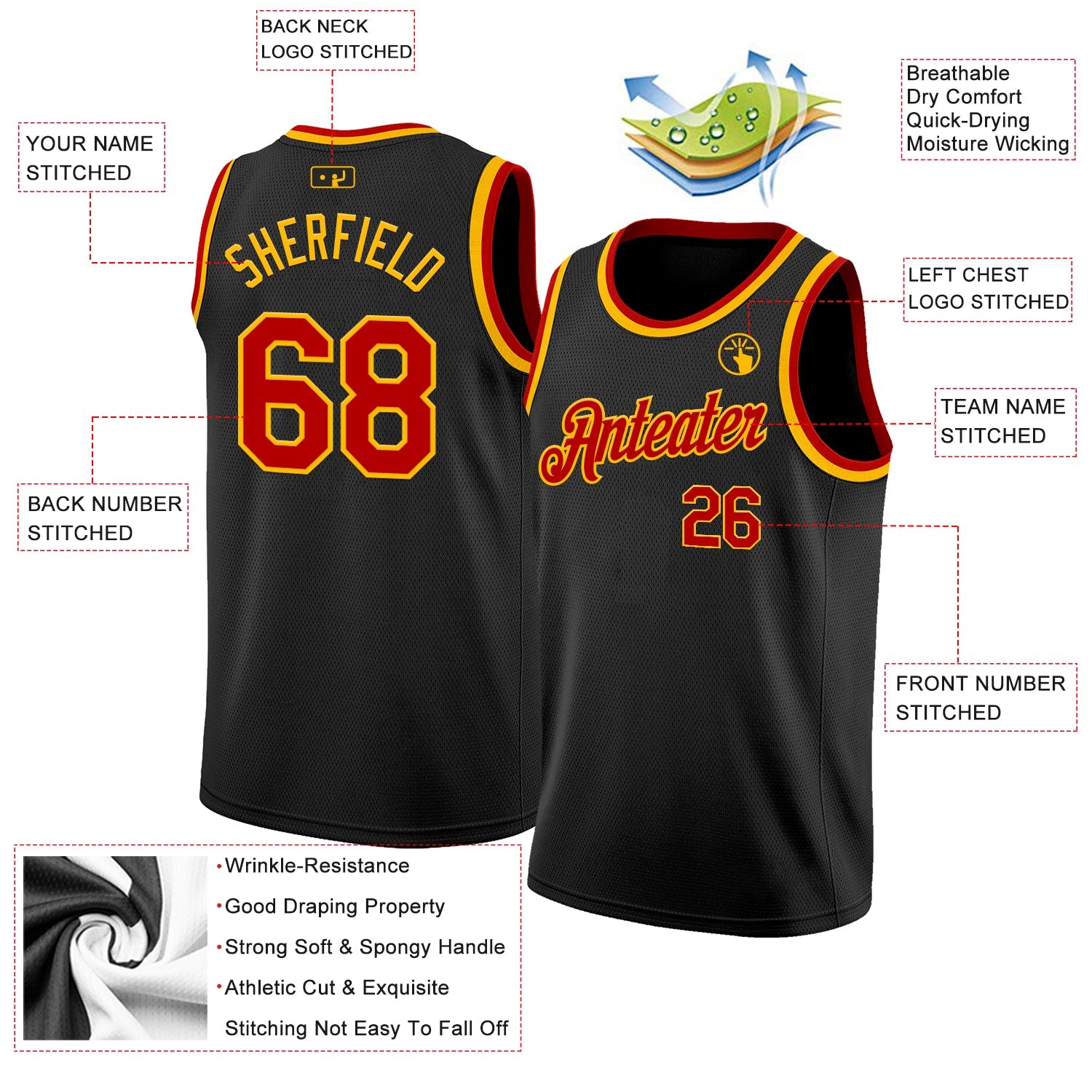 Custom Black Red-Gold Authentic Basketball Jersey view 2