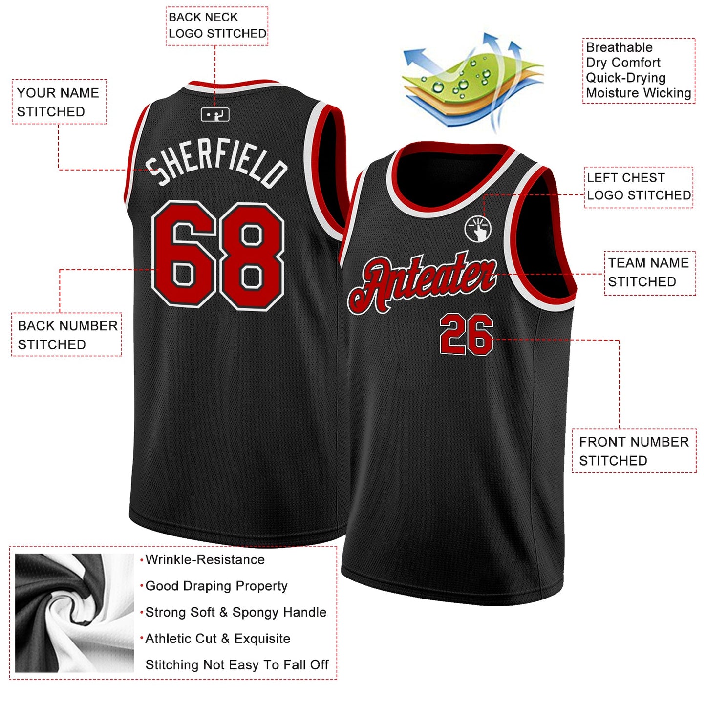 Custom Black Red-White Authentic Basketball Jersey view 2