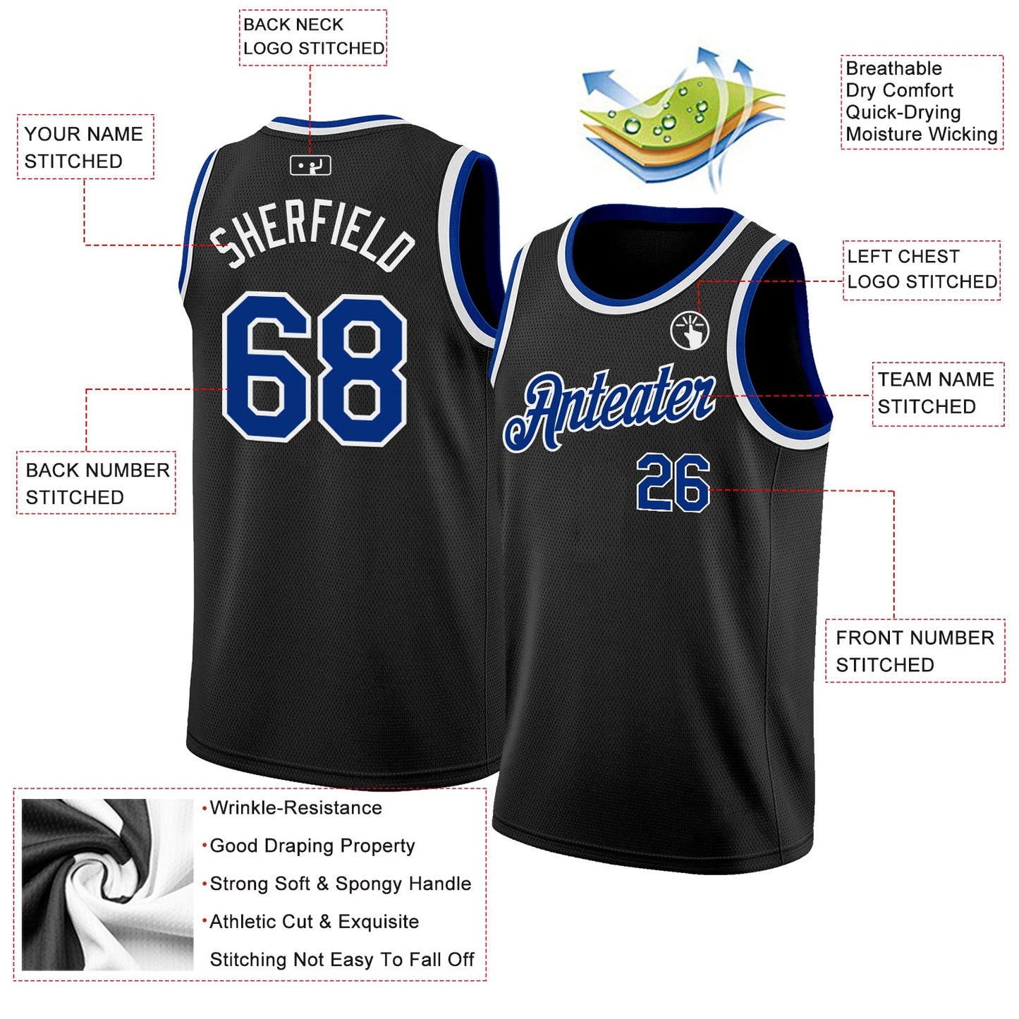 Custom Black Royal-White Authentic Basketball Jersey view 2