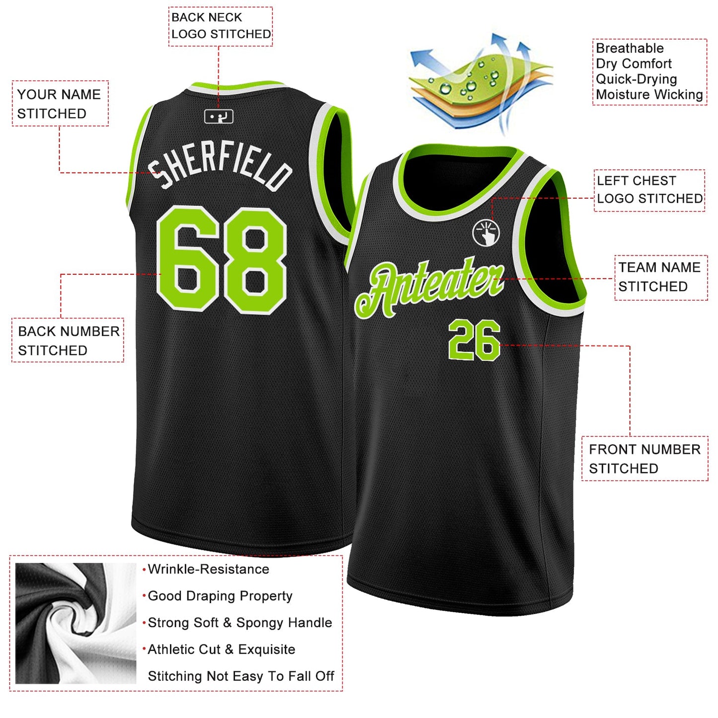 Custom Black Neon Green-White Authentic Basketball Jersey view 2